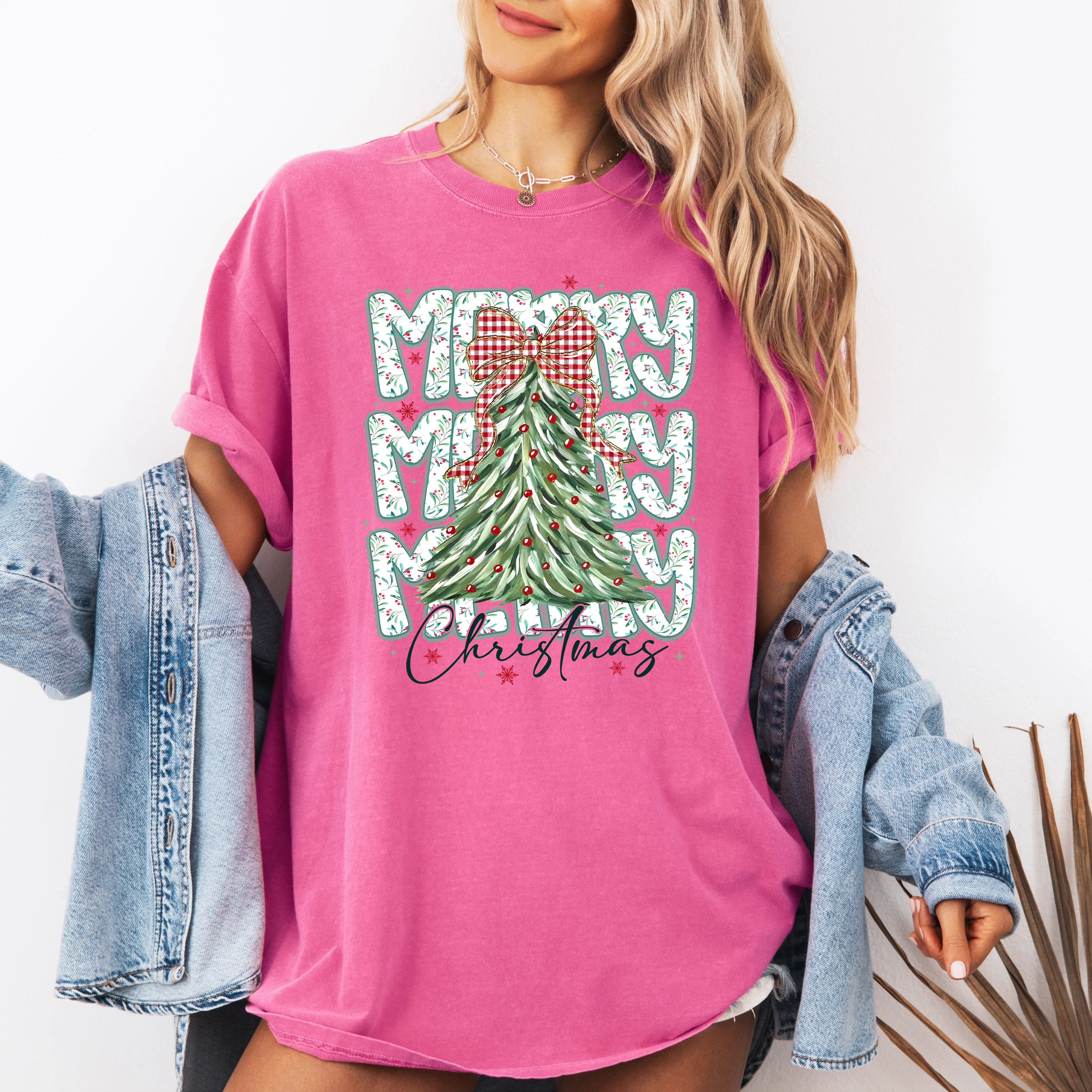 Merry Christmas Tree Santa Gingham Bow Cozy Festive Classic Holiday Scene Comfort Colors Tee sold by Refinery Number One product image thumbnail 5