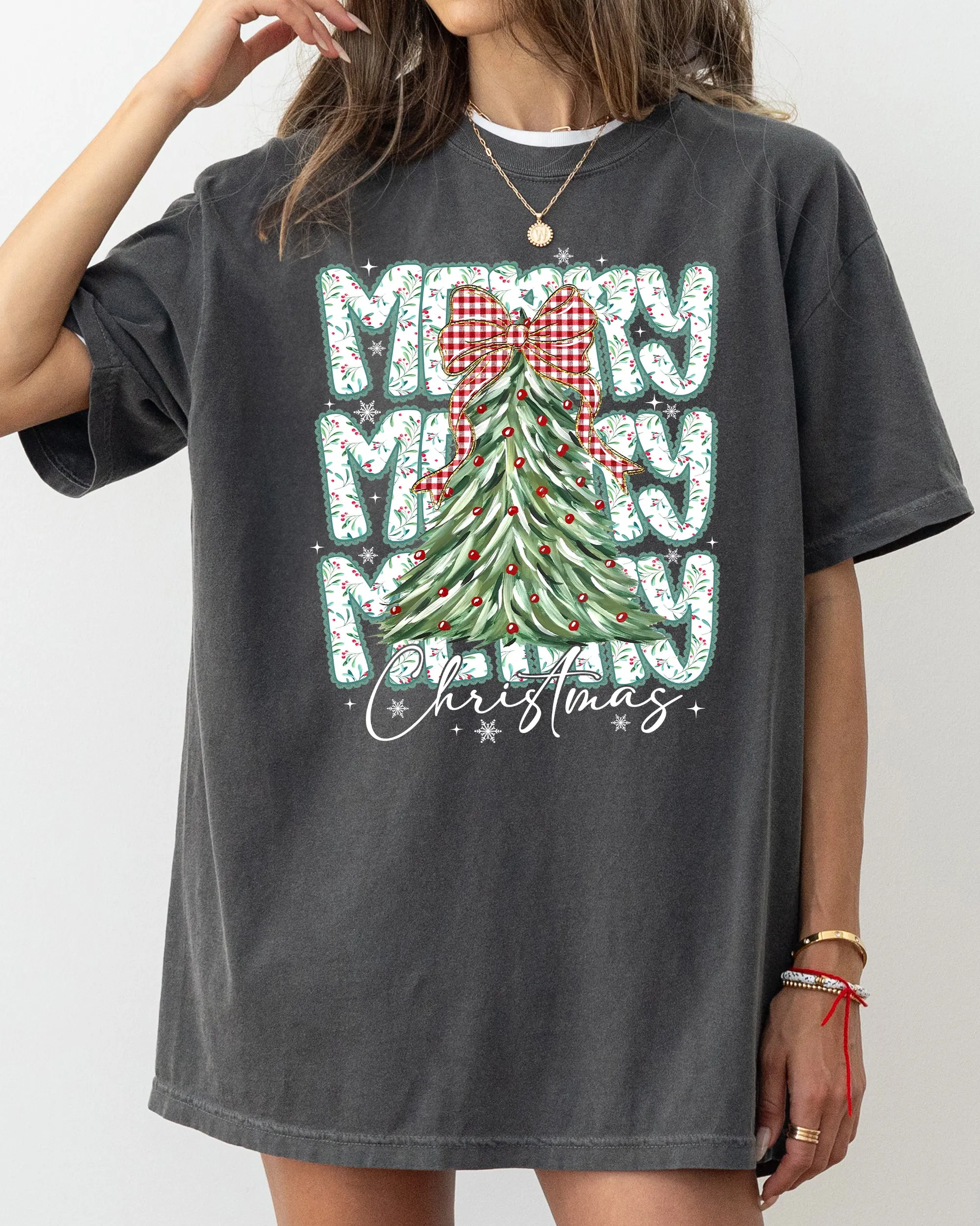 Merry Christmas Tree Santa Gingham Bow Cozy Festive Classic Holiday Scene Comfort Colors Tee sold by Refinery Number One product image thumbnail 3