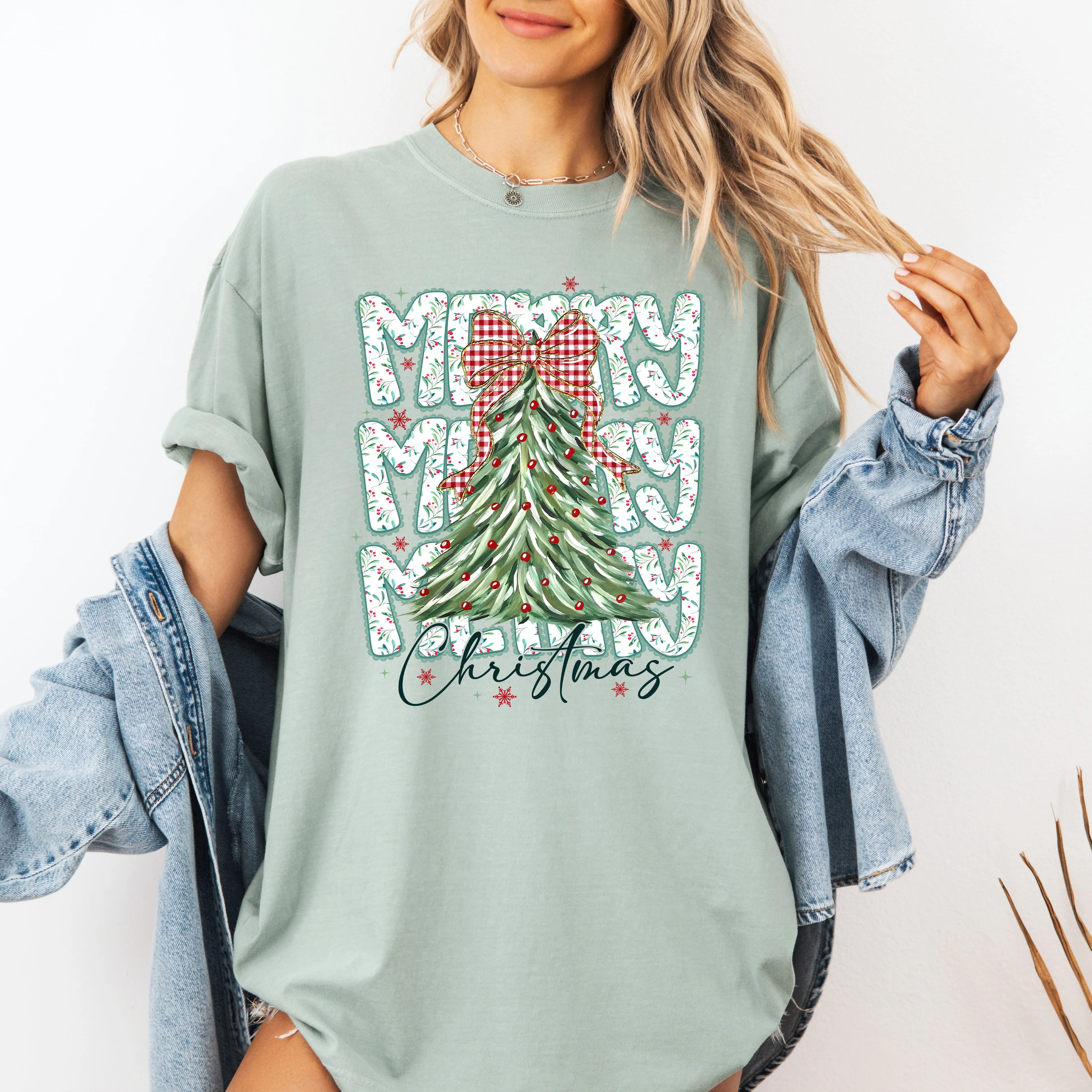 Merry Christmas Tree Santa Gingham Bow Cozy Festive Classic Holiday Scene Comfort Colors Tee sold by Refinery Number One product image thumbnail 4