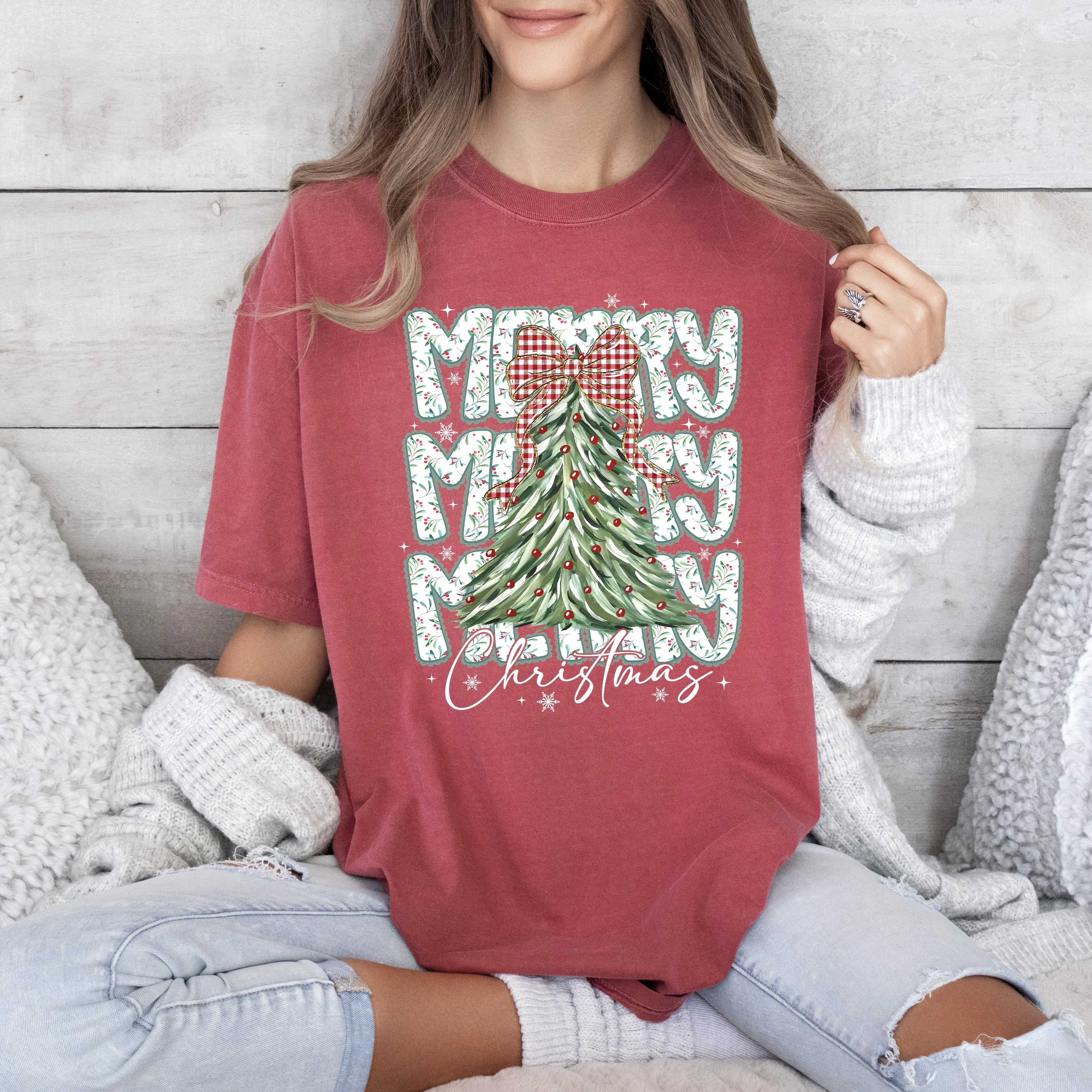Merry Christmas Tree Santa Gingham Bow Cozy Festive Classic Holiday Scene Comfort Colors Tee sold by Refinery Number One product image thumbnail 2