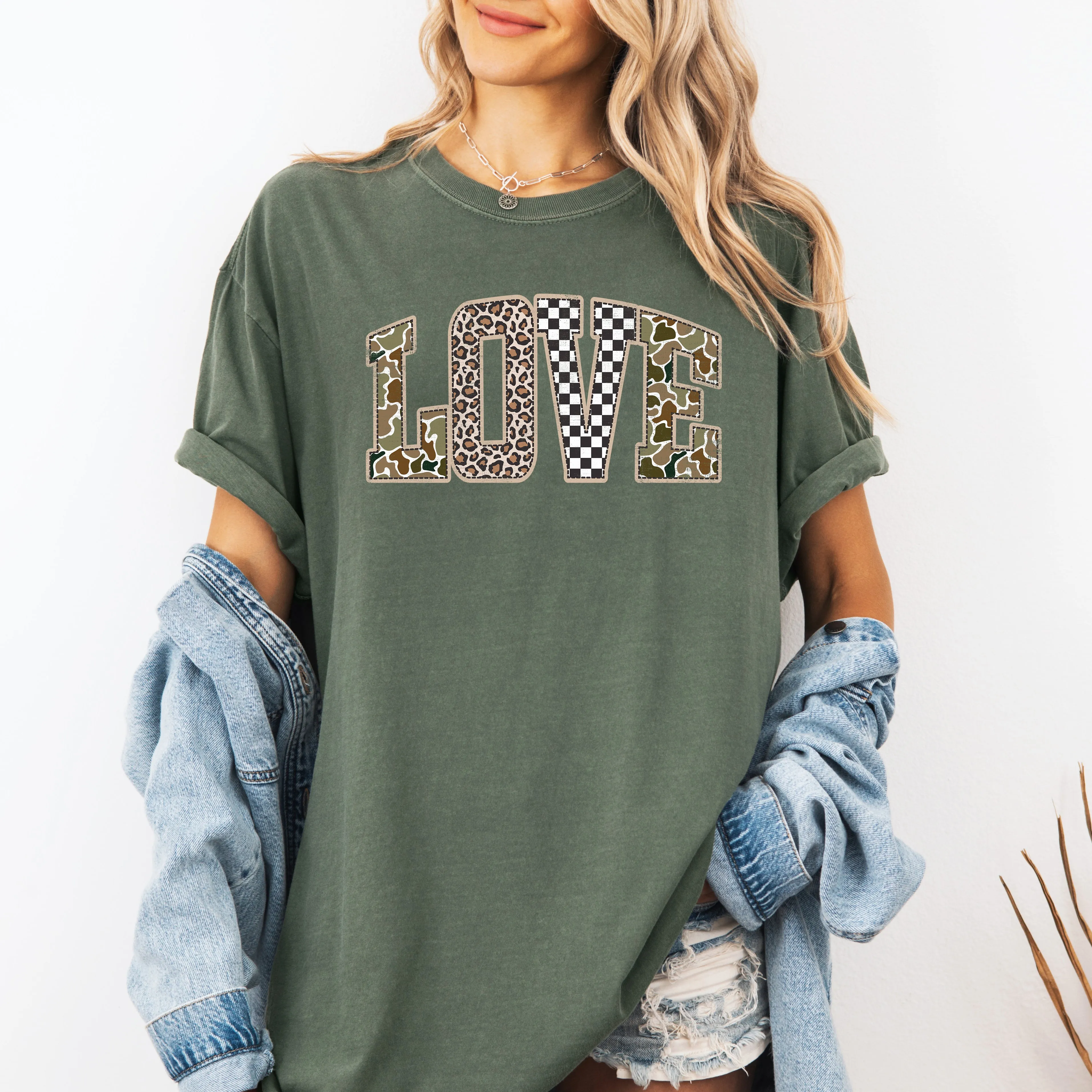 Love, Checkered, Camo, Leopard Print, Retro Valentine's Day, Varsity, Comfort Colors T-Shirt sold by Refinery Number One product image thumbnail 5