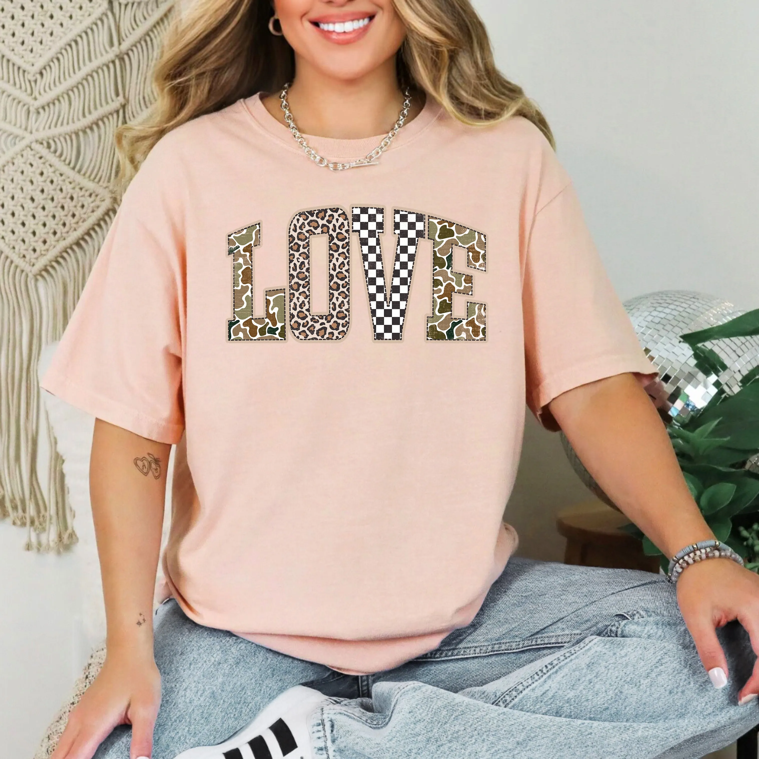 Love, Checkered, Camo, Leopard Print, Retro Valentine's Day, Varsity, Comfort Colors T-Shirt sold by Refinery Number One product image thumbnail 2