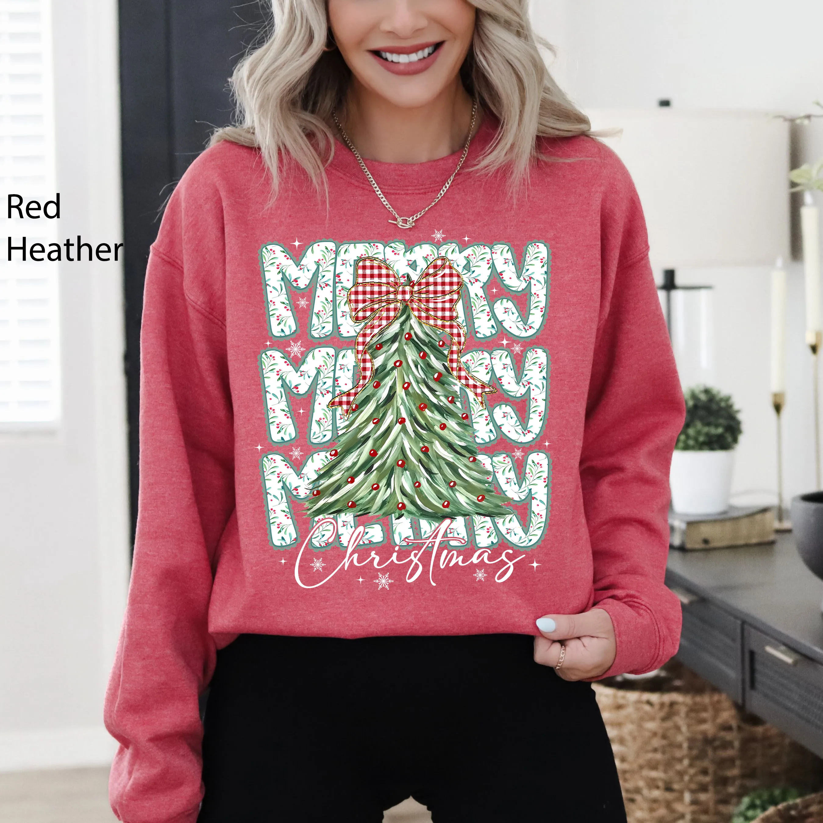 Merry Christmas, Beautiful Tree, Classic Christmas, Santa, Gingham Bow Sweatshirt sold by Refinery Number One product image thumbnail 5