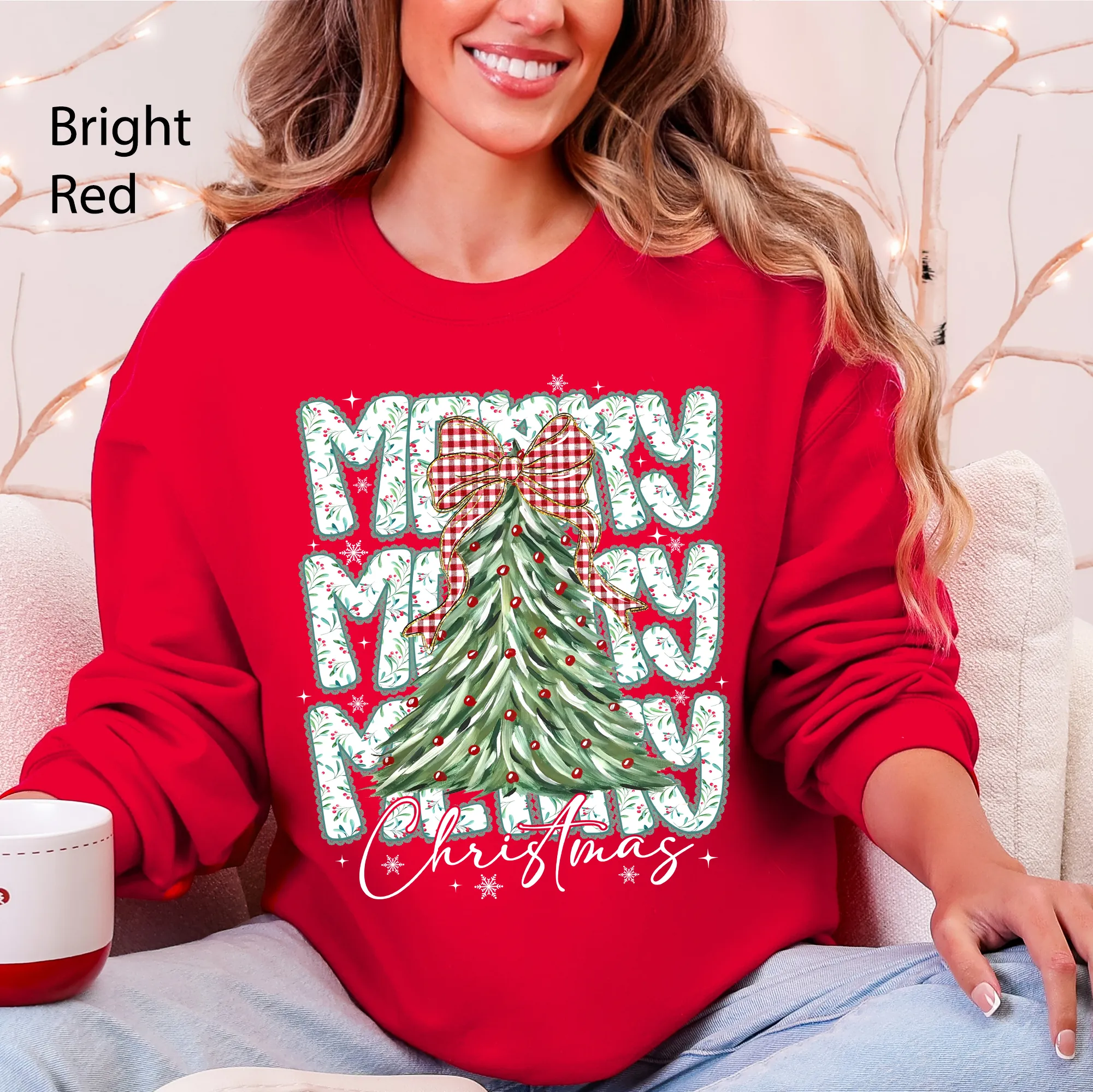 Merry Christmas, Beautiful Tree, Classic Christmas, Santa, Gingham Bow Sweatshirt sold by Refinery Number One product image thumbnail 2