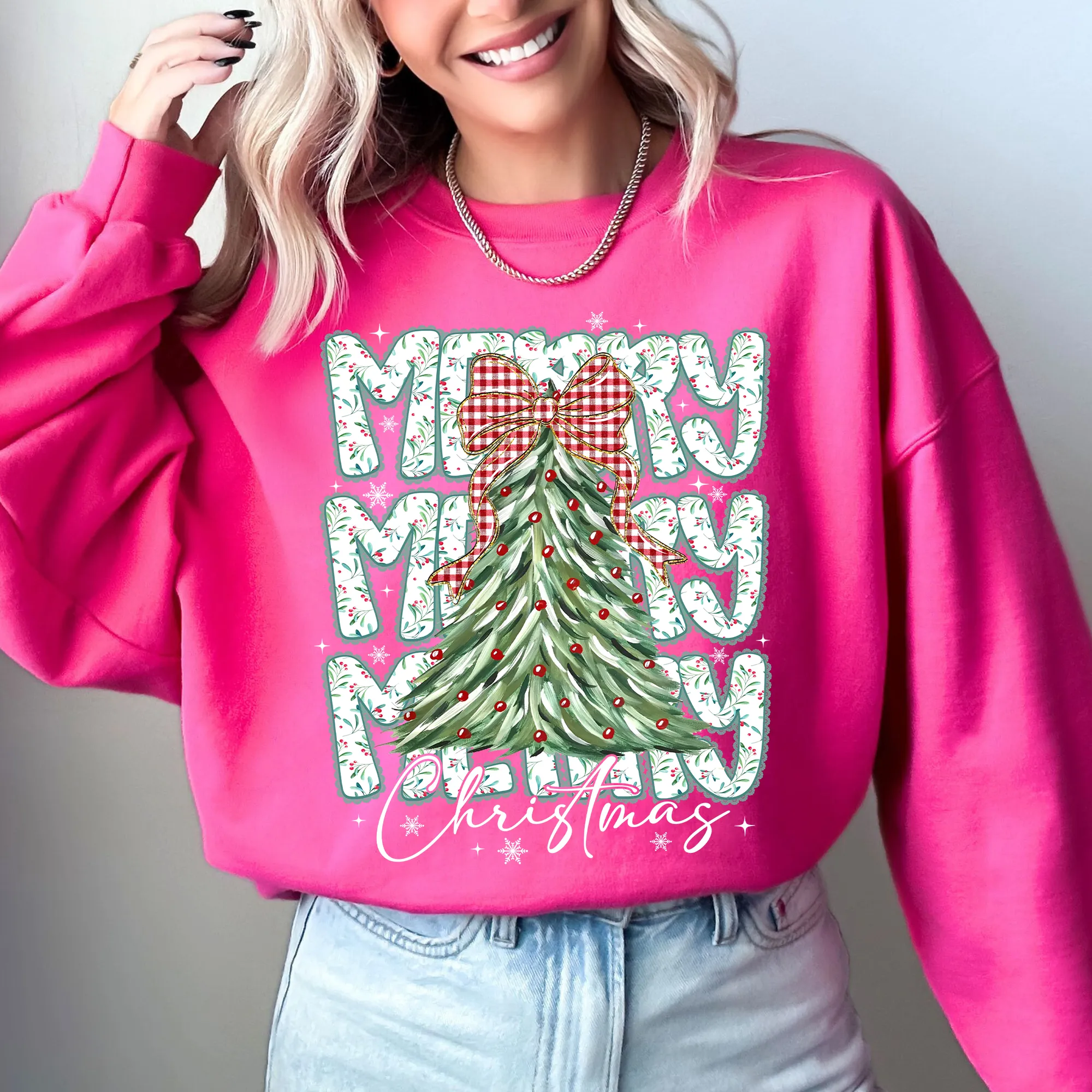 Merry Christmas, Beautiful Tree, Classic Christmas, Santa, Gingham Bow Sweatshirt sold by Refinery Number One product image thumbnail 4