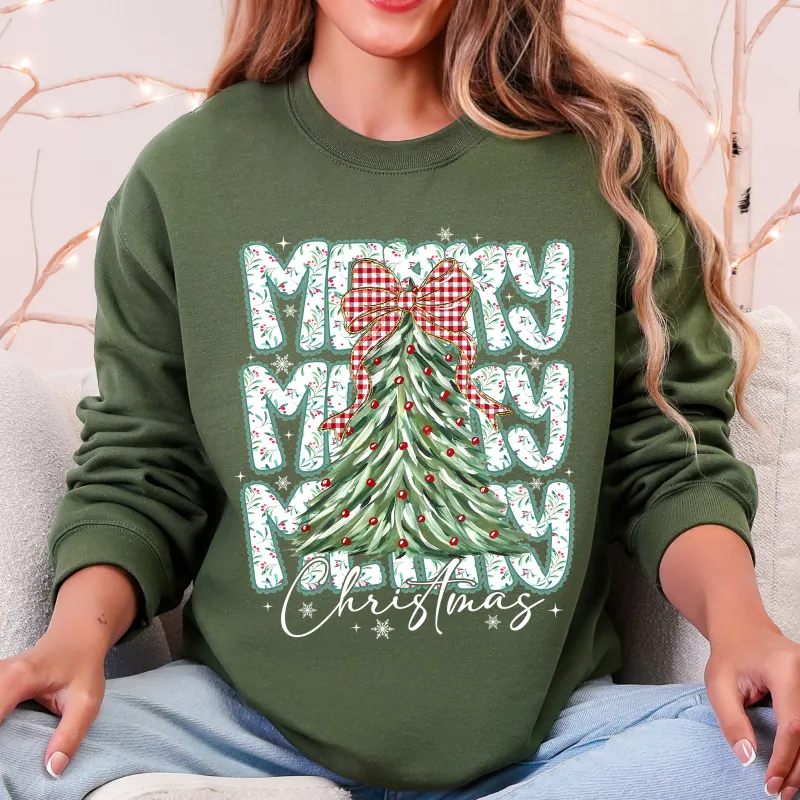 Merry Christmas, Beautiful Tree, Classic Christmas, Santa, Gingham Bow Sweatshirt sold by Refinery Number One