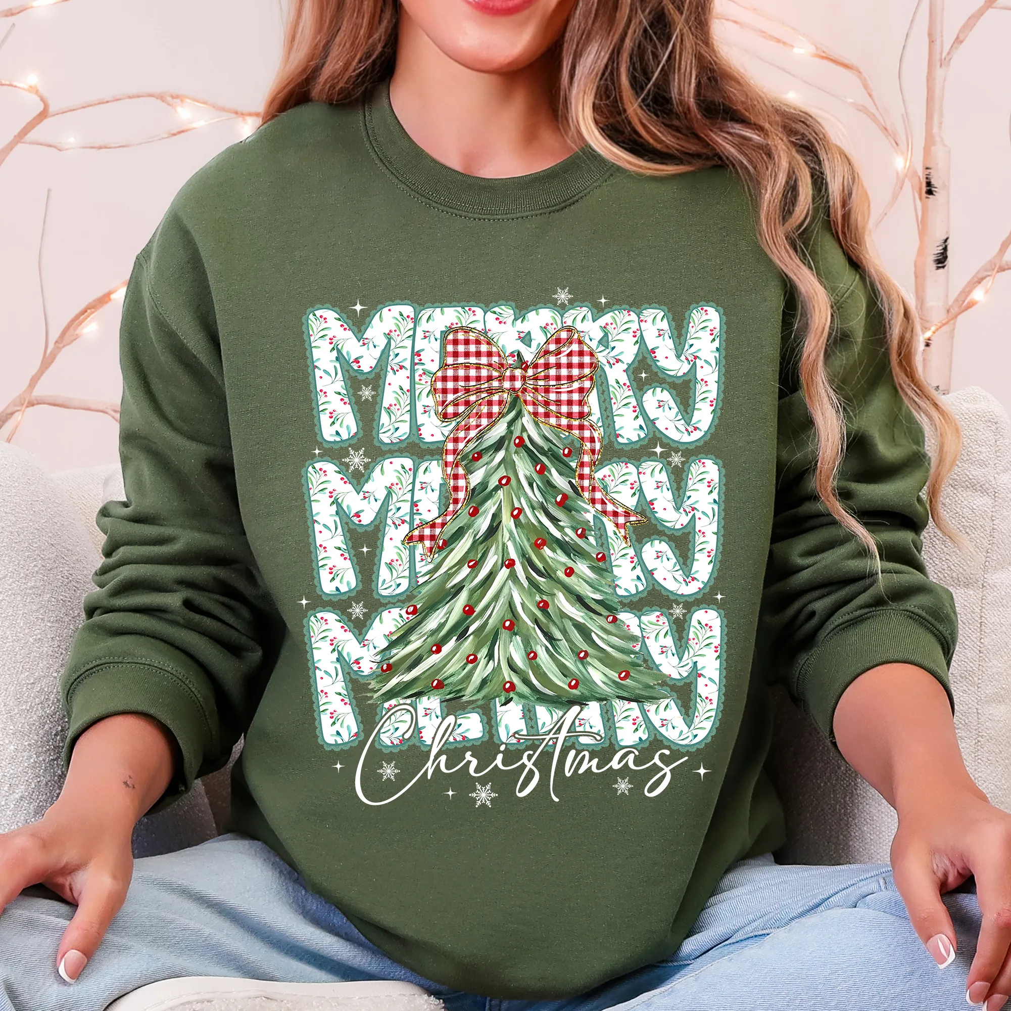 Merry Christmas, Beautiful Tree, Classic Christmas, Santa, Gingham Bow Sweatshirt sold by Refinery Number One