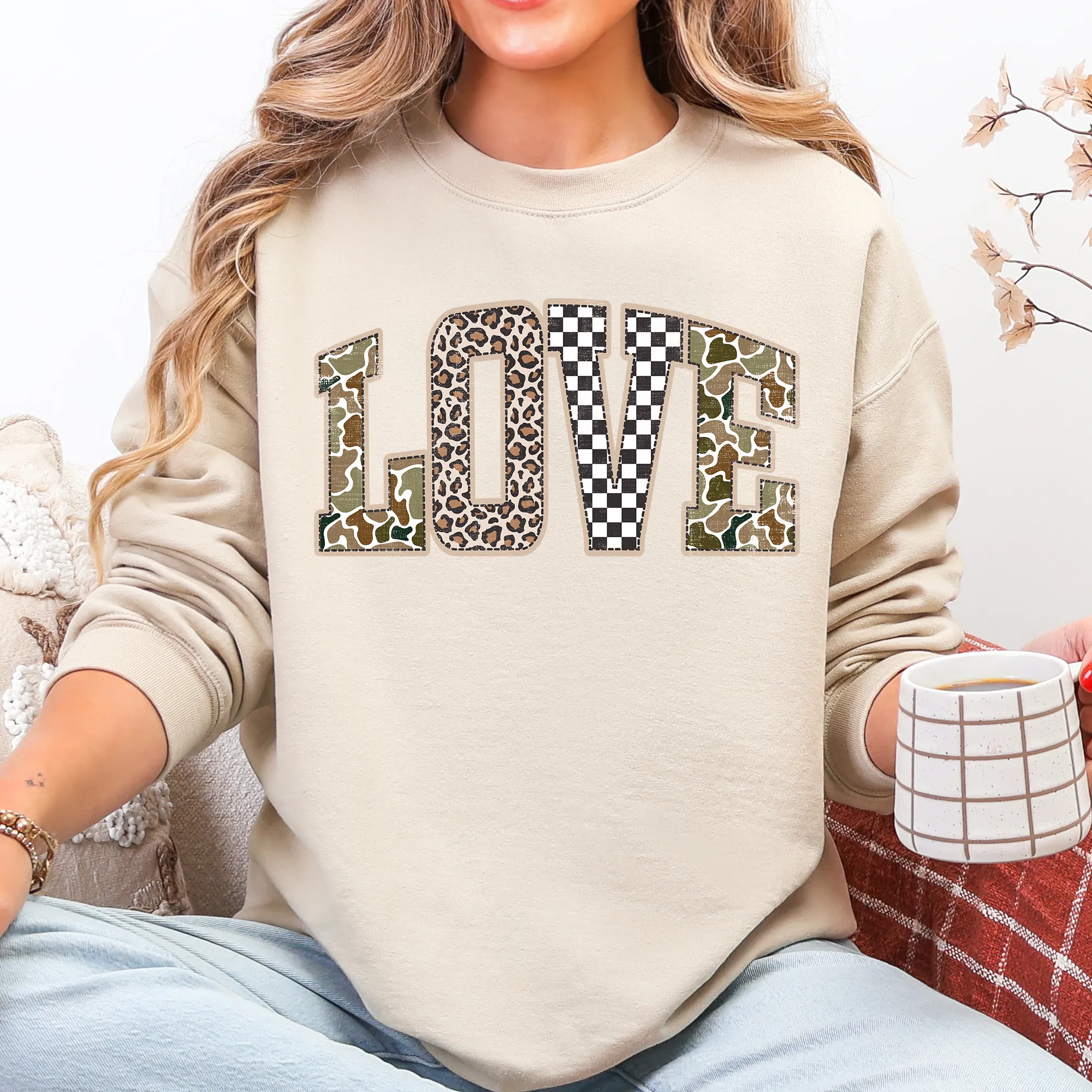 Love, Checkered, Camo, Leopard Print, Retro Valentine's Day, Varsity Sweatshirt sold by Refinery Number One product image thumbnail 2