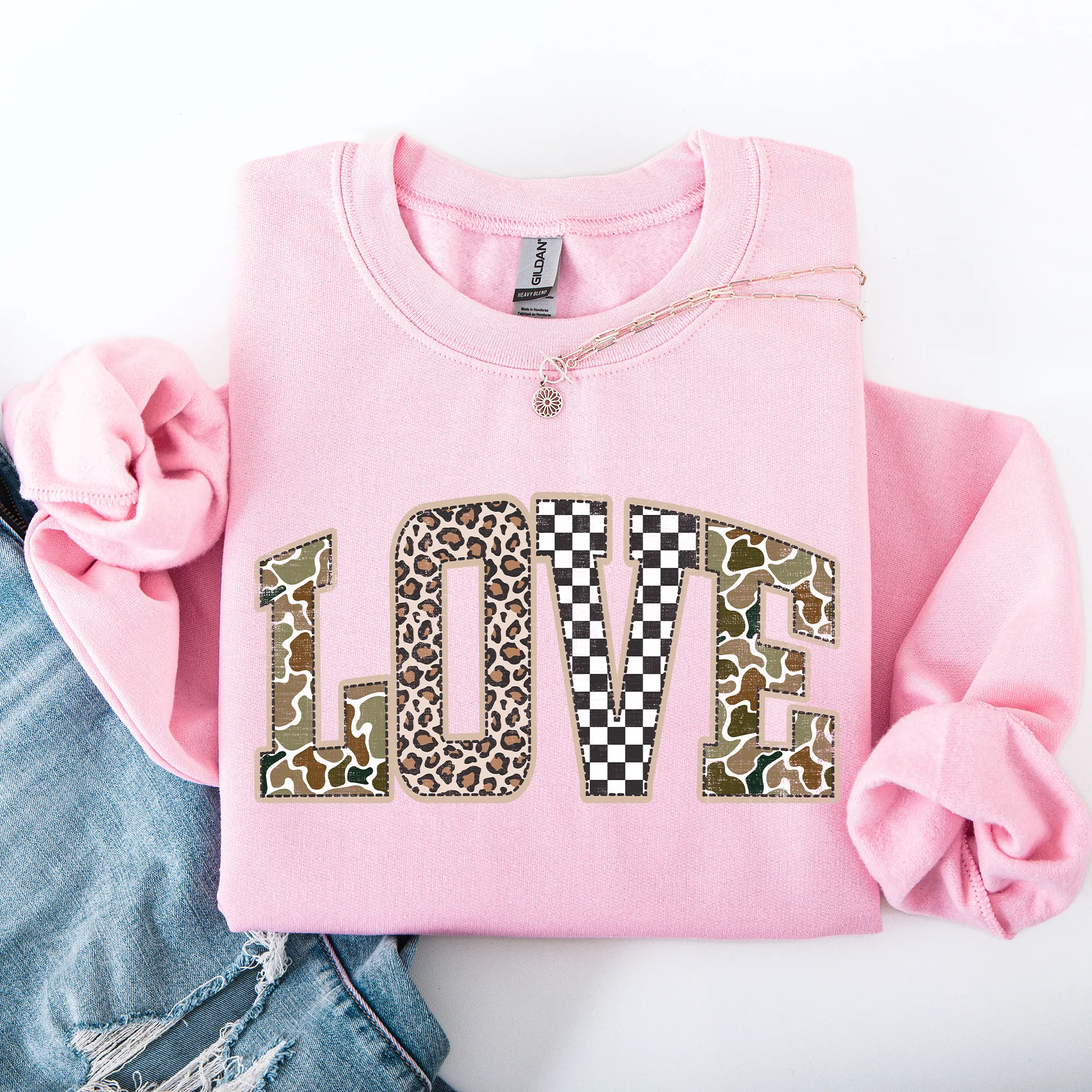 Love, Checkered, Camo, Leopard Print, Retro Valentine's Day, Varsity Sweatshirt sold by Refinery Number One product image thumbnail 5