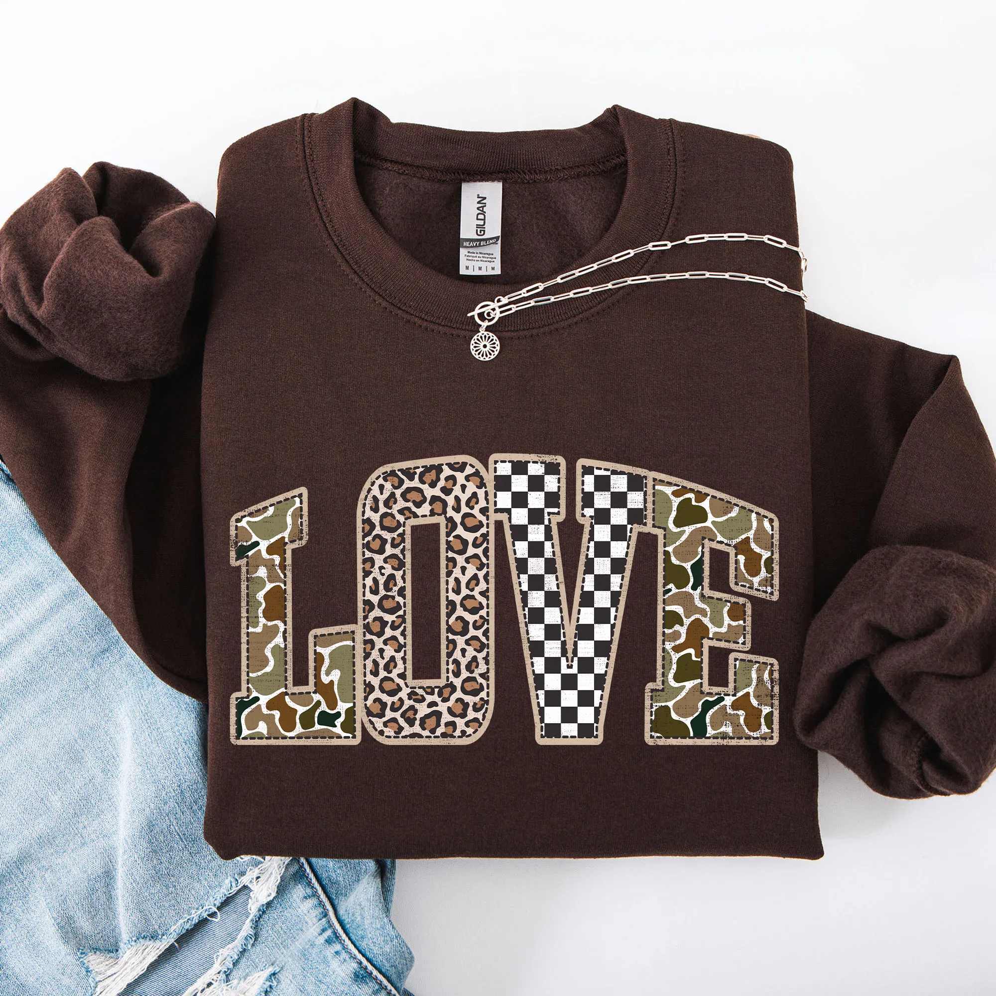 Love, Checkered, Camo, Leopard Print, Retro Valentine's Day, Varsity Sweatshirt sold by Refinery Number One