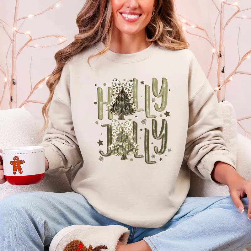 Holly Jolly, Camo Christmas Tree, Santa, Dalmatian Print, Ribbons, Bows Sweatshirt sold by Refinery Number One