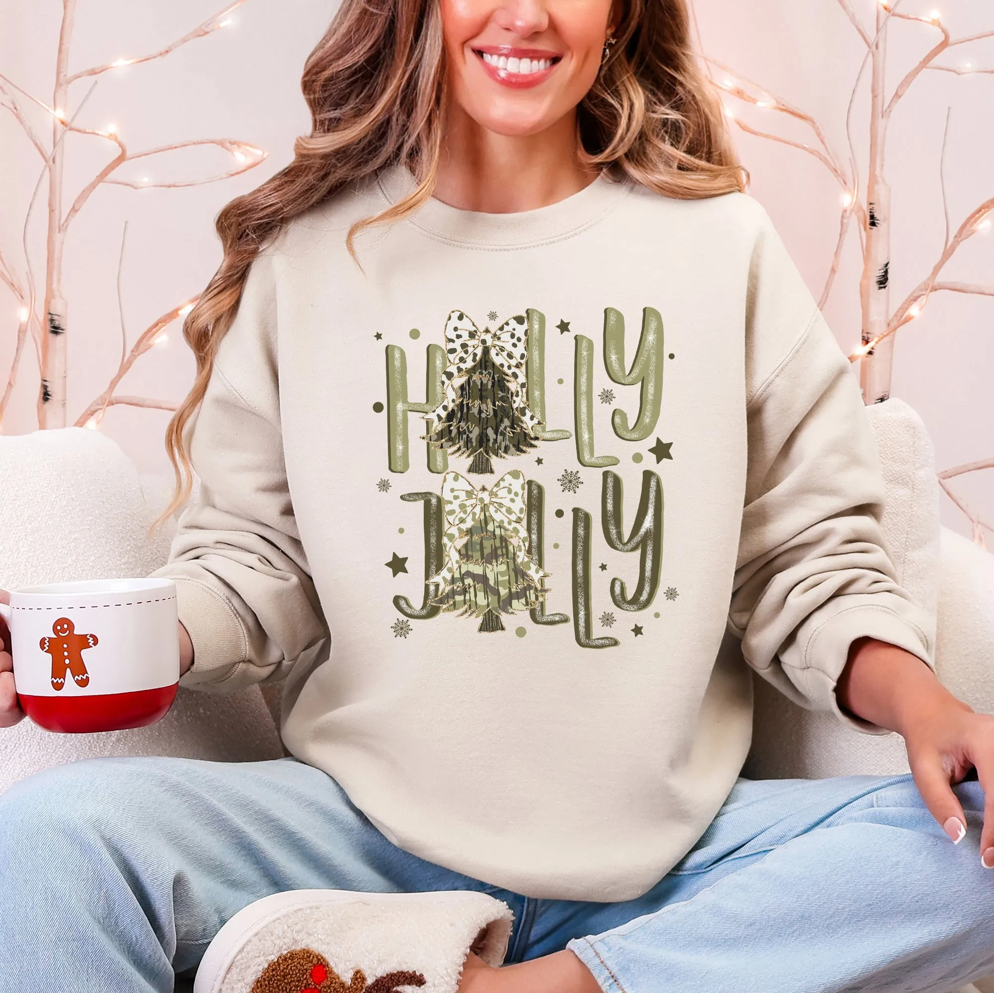 Holly Jolly, Camo Christmas Tree, Santa, Dalmatian Print, Ribbons, Bows Sweatshirt sold by Refinery Number One