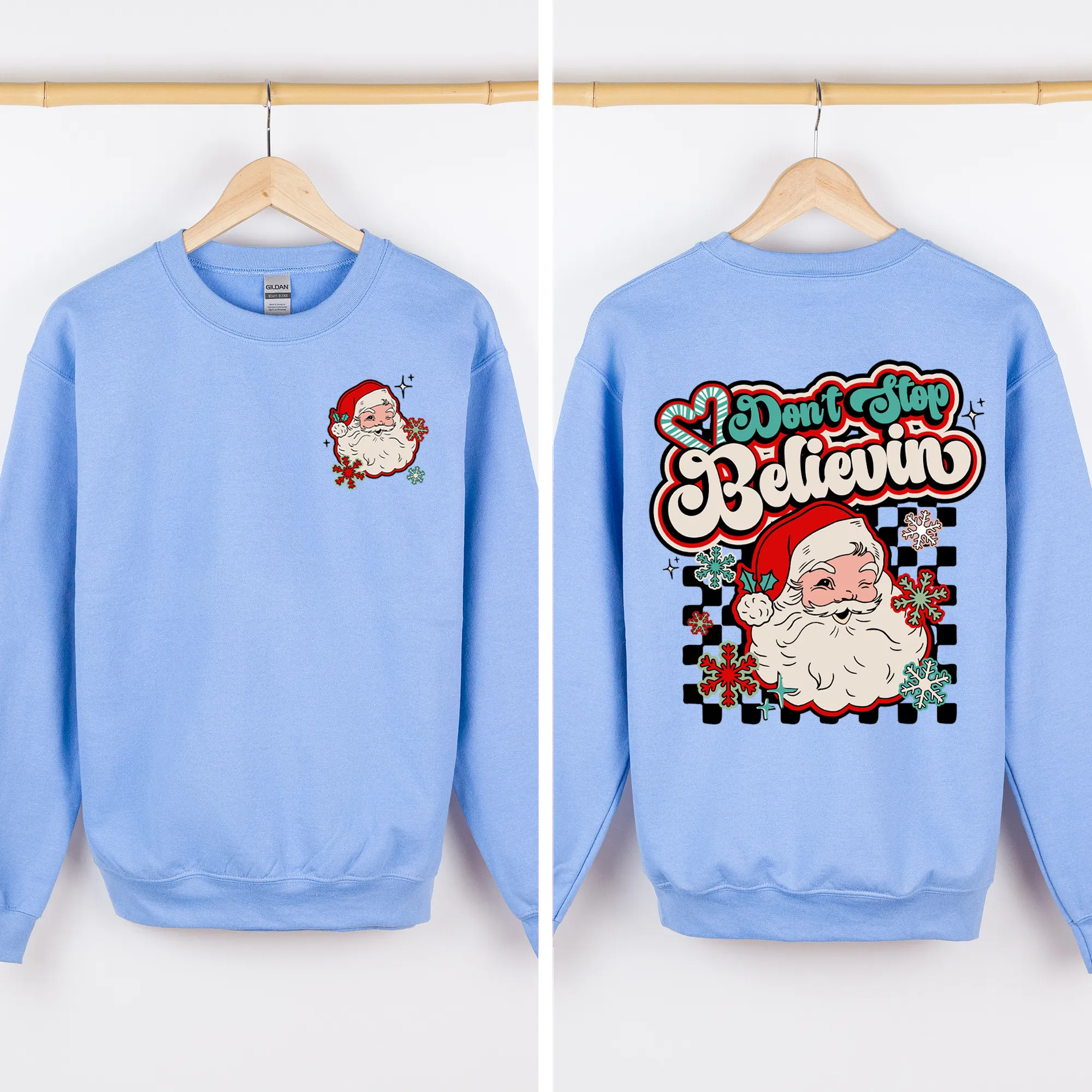 Don't Stop Believin, Santa, Retro, Checkered, Christmas, Front and Back Sweatshirt sold by Refinery Number One product image thumbnail 4