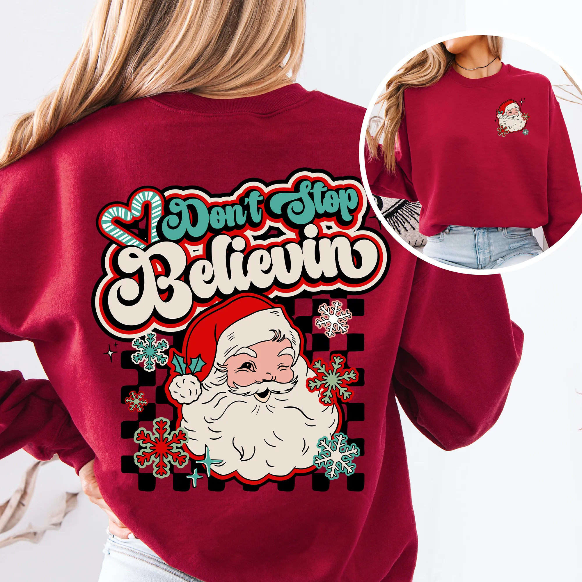Don't Stop Believin, Santa, Retro, Checkered, Christmas, Front and Back Sweatshirt sold by Refinery Number One product image thumbnail 5