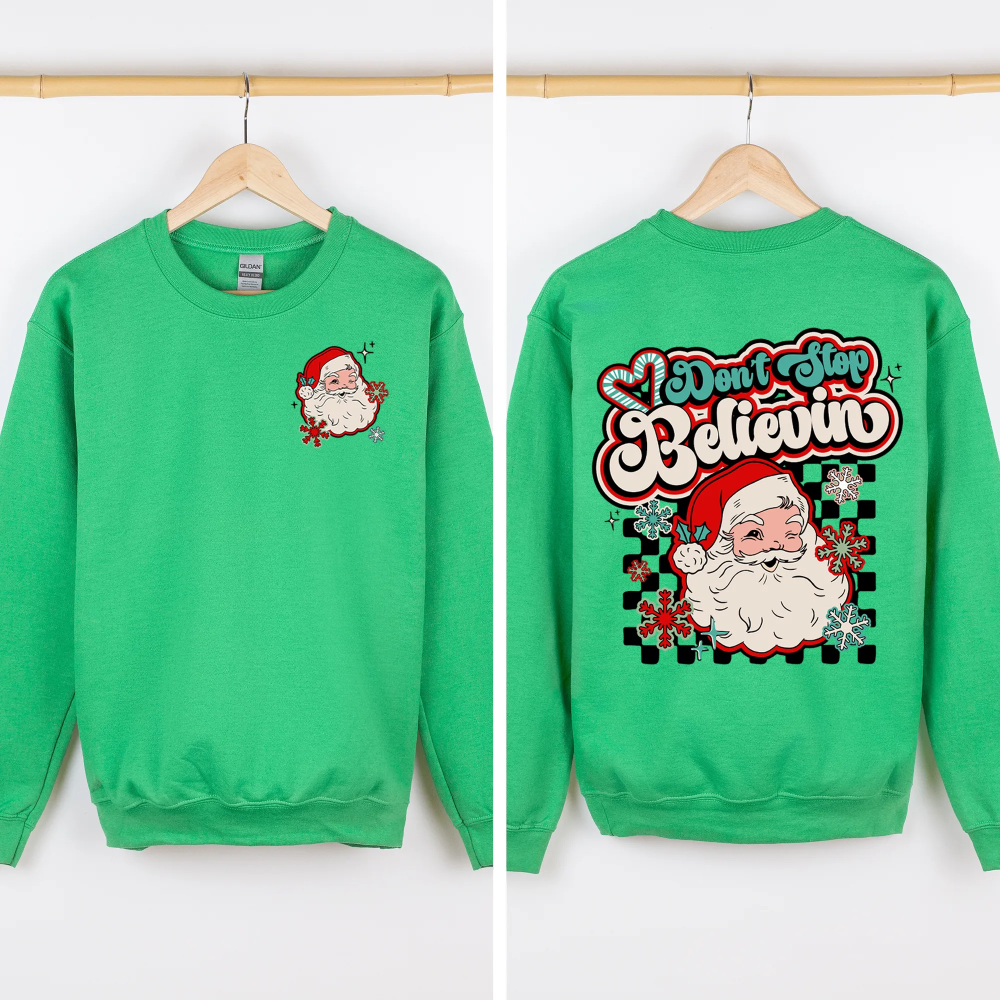 Don't Stop Believin, Santa, Retro, Checkered, Christmas, Front and Back Sweatshirt sold by Refinery Number One product image thumbnail 2