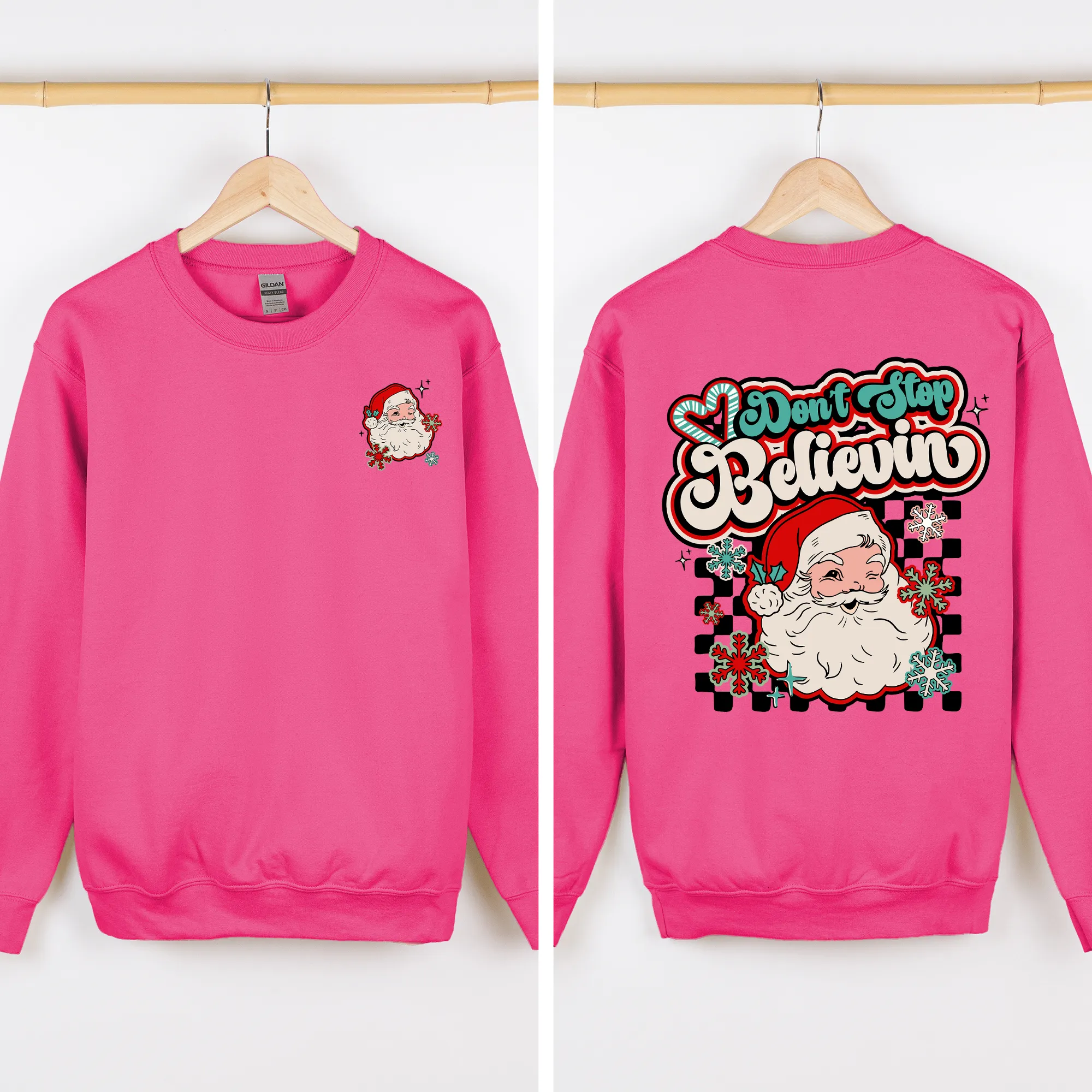 Don't Stop Believin, Santa, Retro, Checkered, Christmas, Front and Back Sweatshirt sold by Refinery Number One product image thumbnail 3
