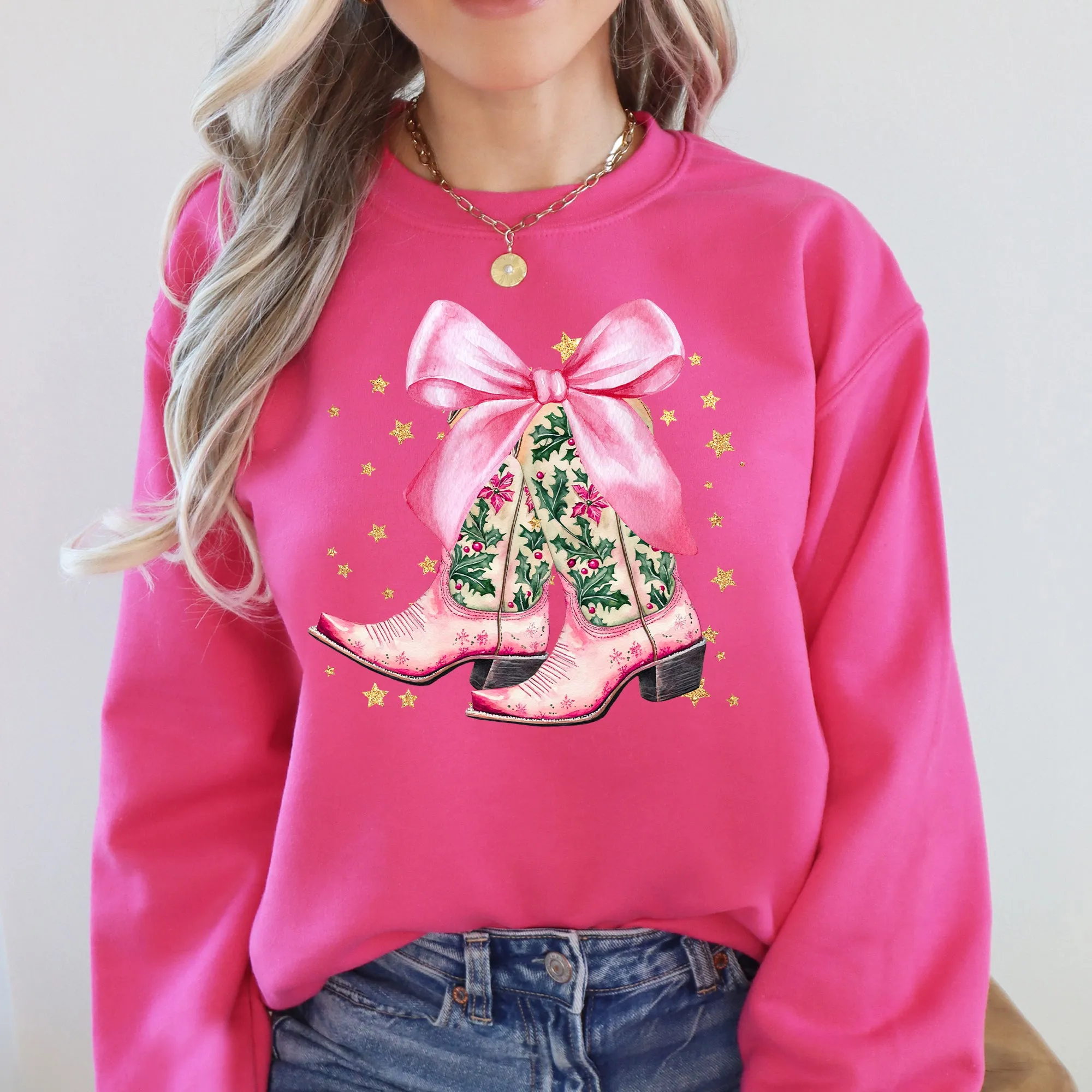 Cowgirl Christmas, Cowboy Boots, Country, Western, Santa, Ribbons, Bows Sweatshirt sold by Refinery Number One