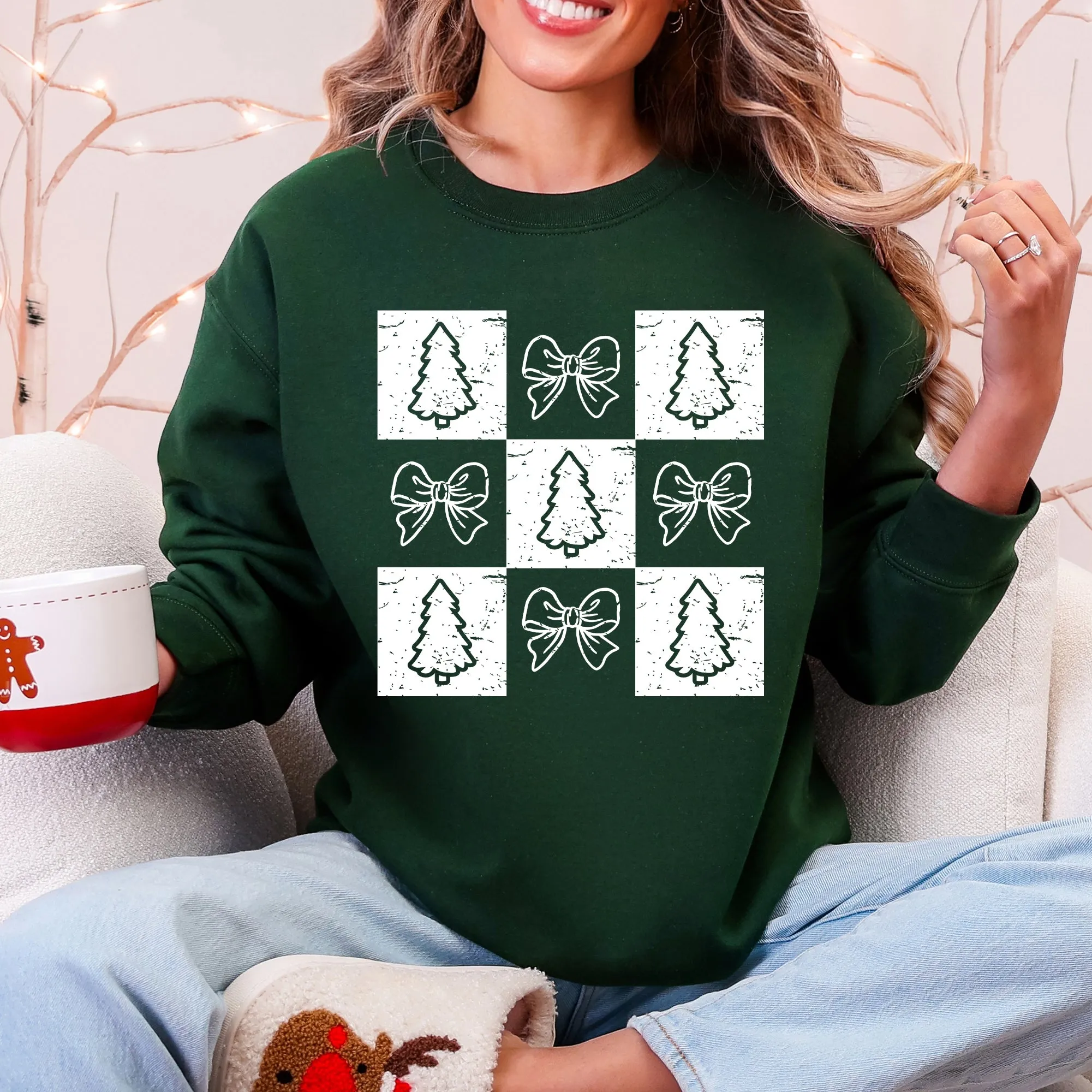 Christmas, Checkered, Bows, Tree, Minimalist, Vintage Sweatshirt sold by Refinery Number One product image thumbnail 2