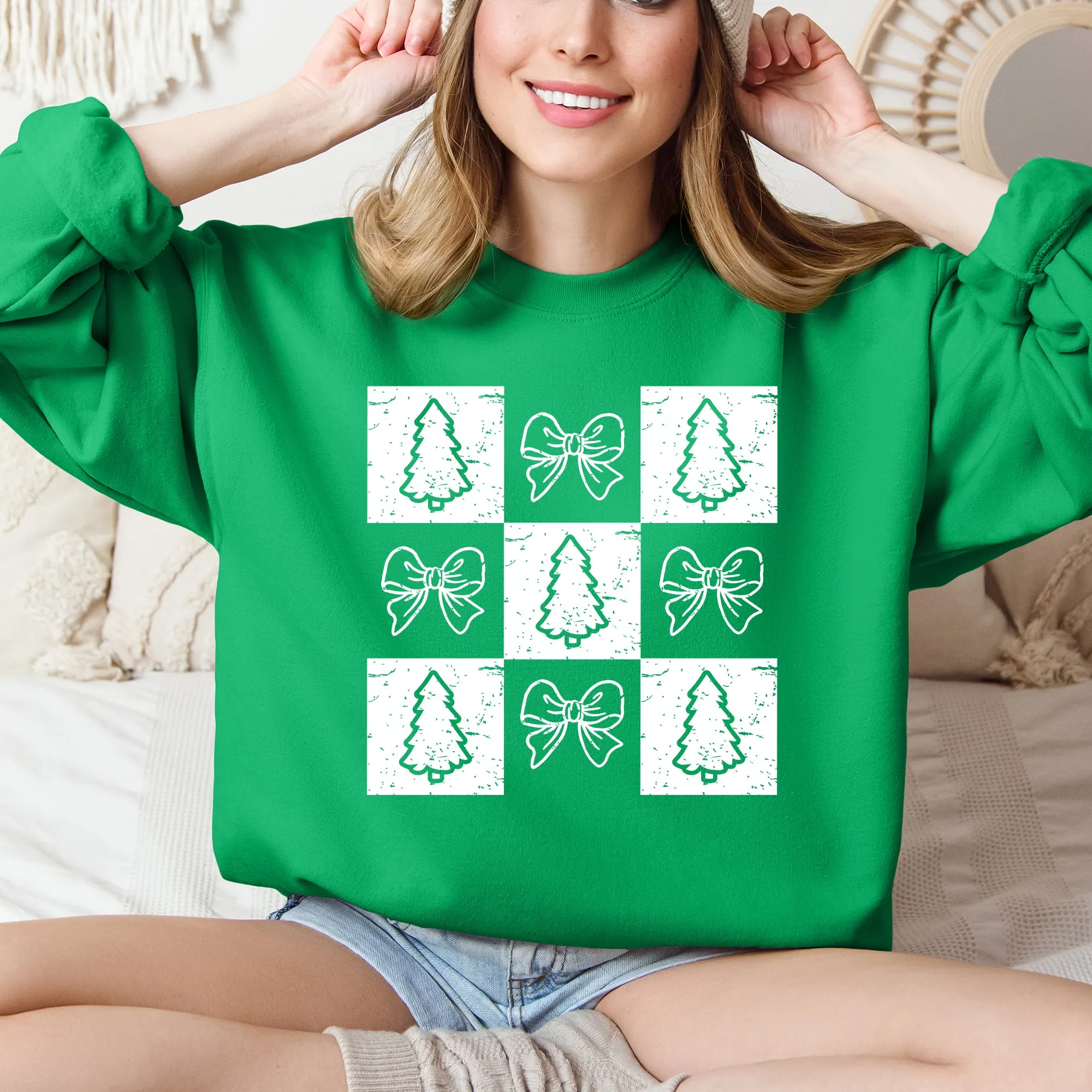 Christmas, Checkered, Bows, Tree, Minimalist, Vintage Sweatshirt sold by Refinery Number One product image thumbnail 3