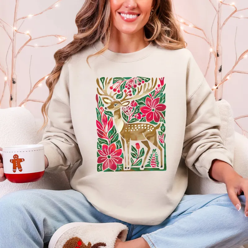 Christmas Deer, Colorful, Flowers, Santa, Snow Sweatshirt sold by Refinery Number One