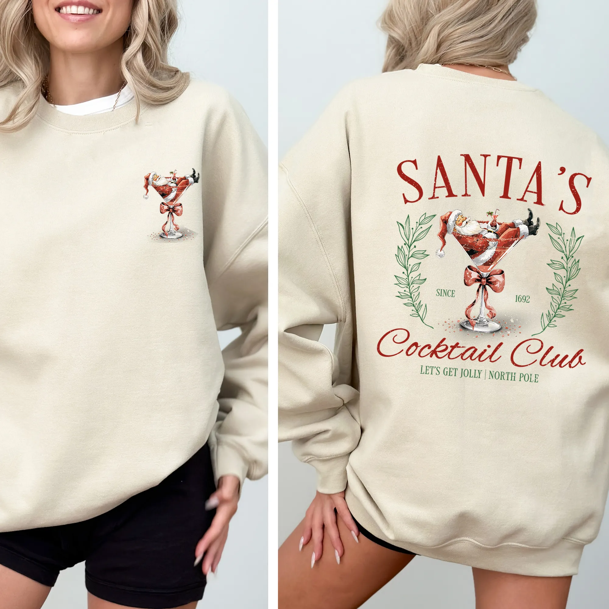 Santa's Cocktail Club, Christmas, Tipsy, Cute, Party Sweatshirt sold by Refinery Number One