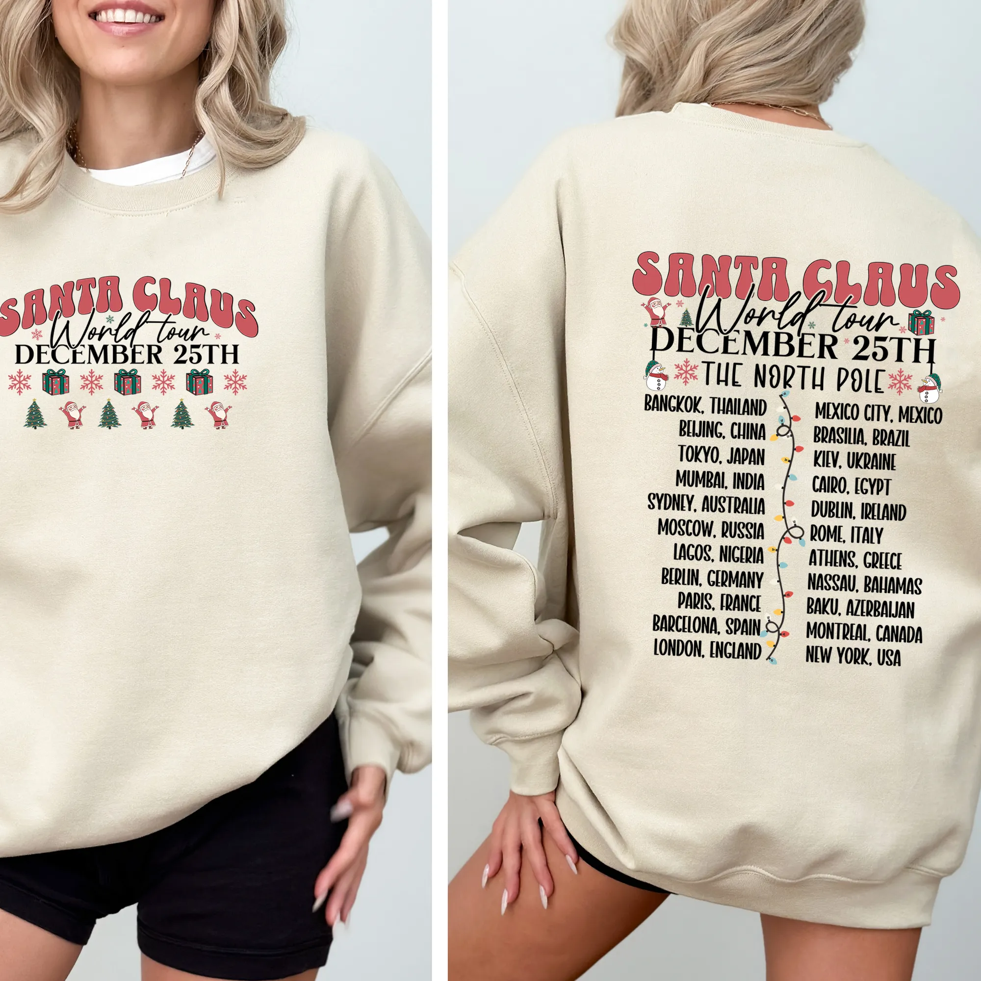 Santa Claus, World Tour, The North Pole, Christmas, Retro, Band, Front and Back Sweatshirt sold by Refinery Number One