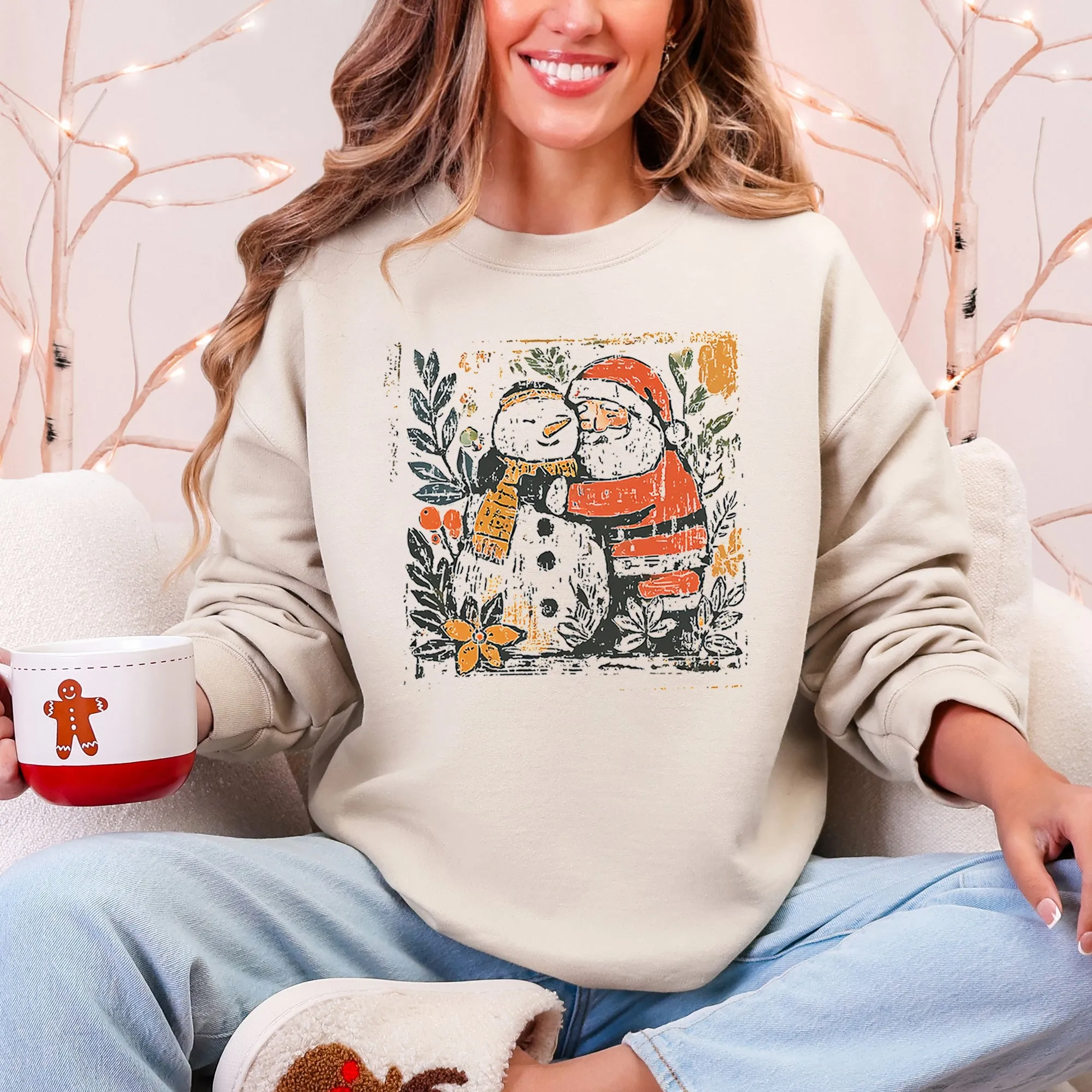 Santa and Snowman, Christmas, Vintage, Retro, Sketched, Cute Sweatshirt sold by Refinery Number One