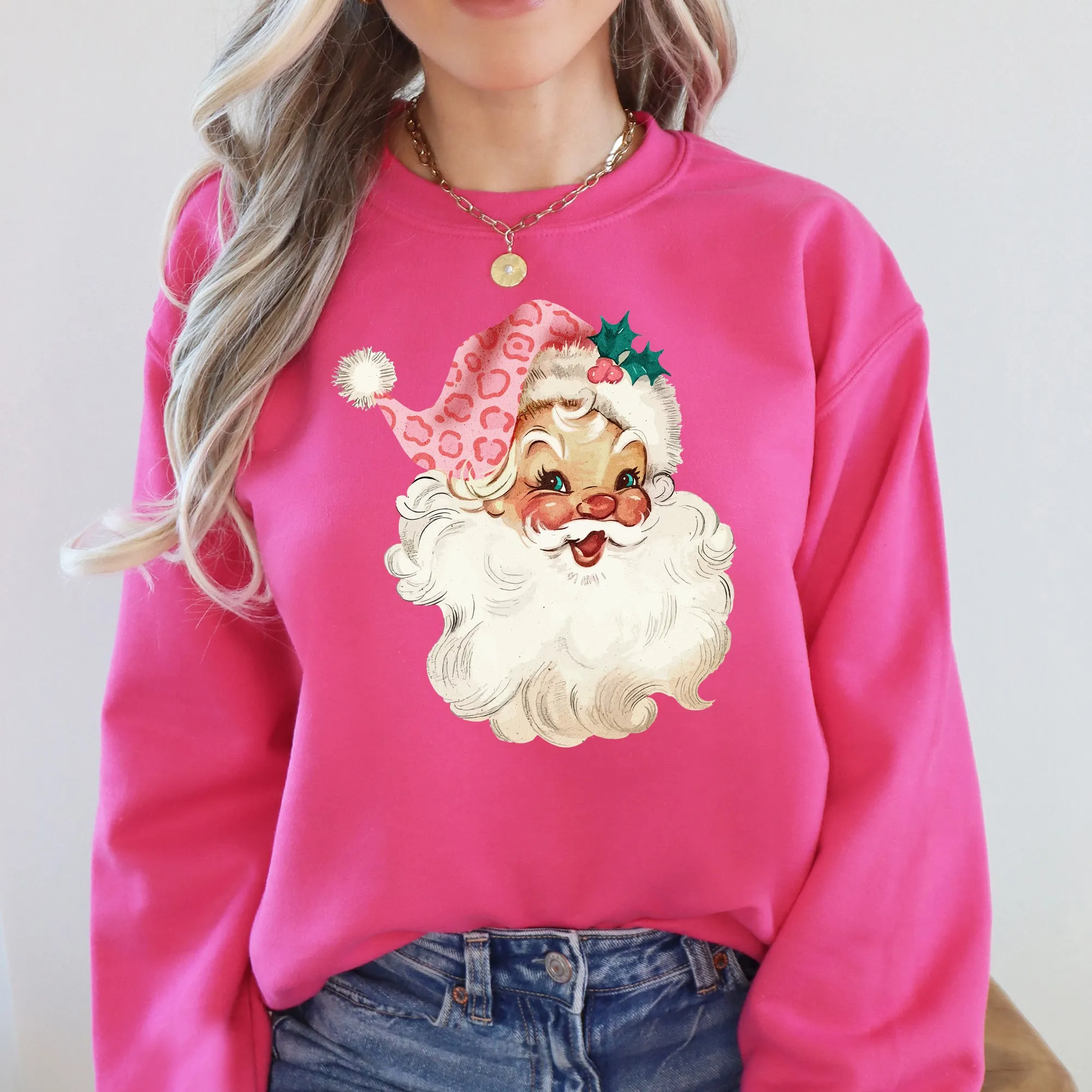 Retro Pink Santa, Leopard Cheetah Print, Christmas Sweatshirt sold by Refinery Number One