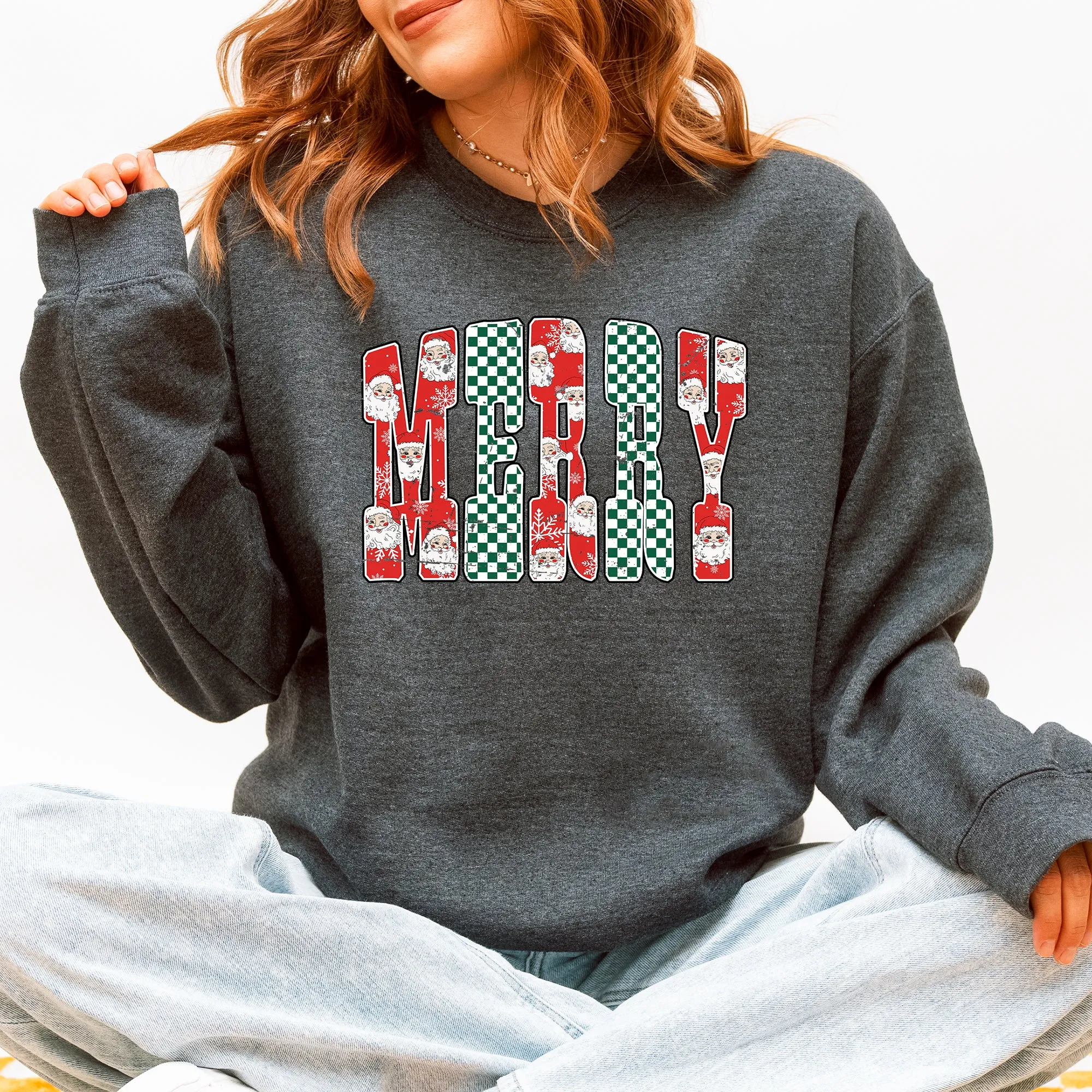 Merry, Varsity Santa, Checkered, Christmas Sweatshirt sold by Refinery Number One product image thumbnail 4
