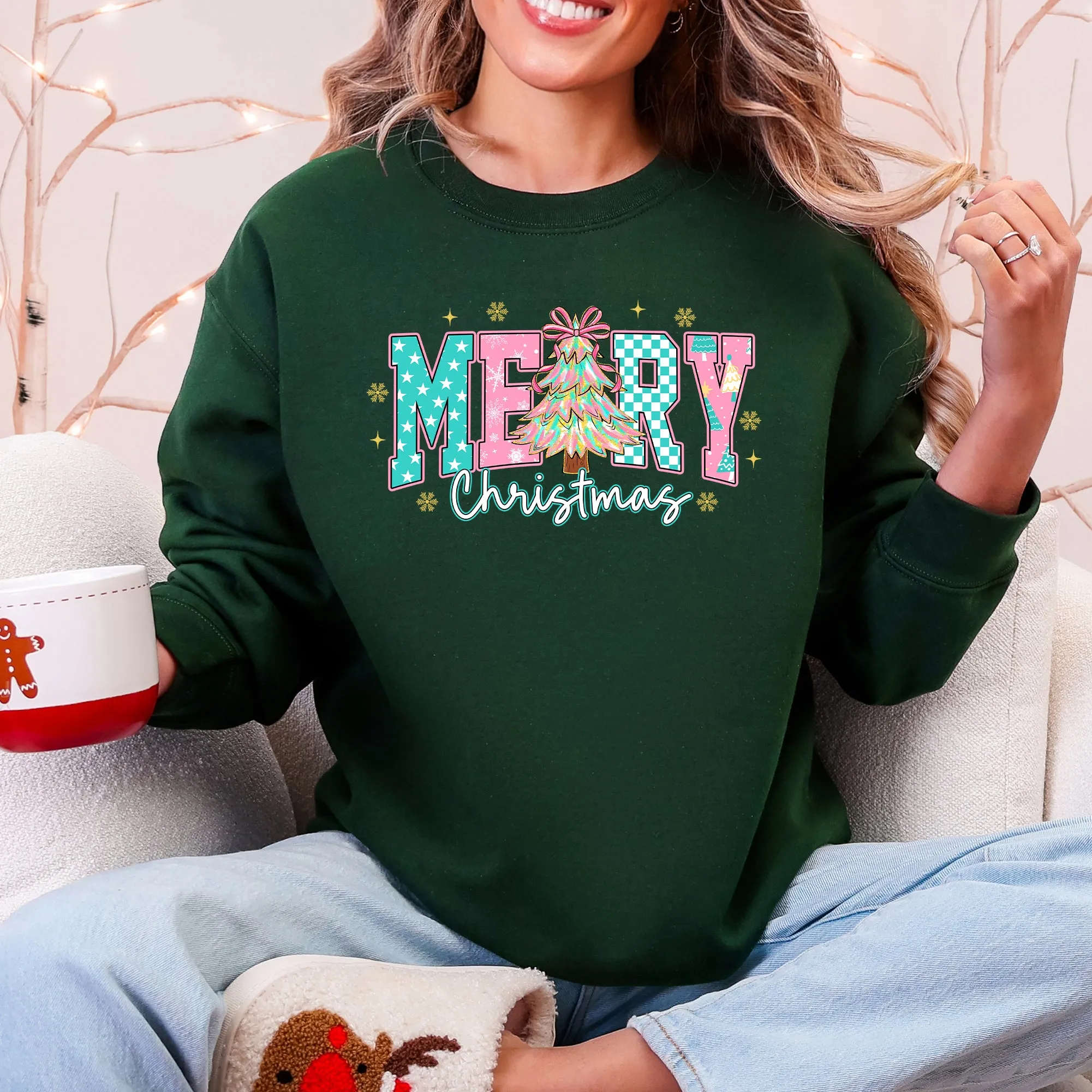 Merry Christmas, Varsity, Christmas Tree, Pink Pattern, Santa Sweatshirt sold by Refinery Number One product image thumbnail 4
