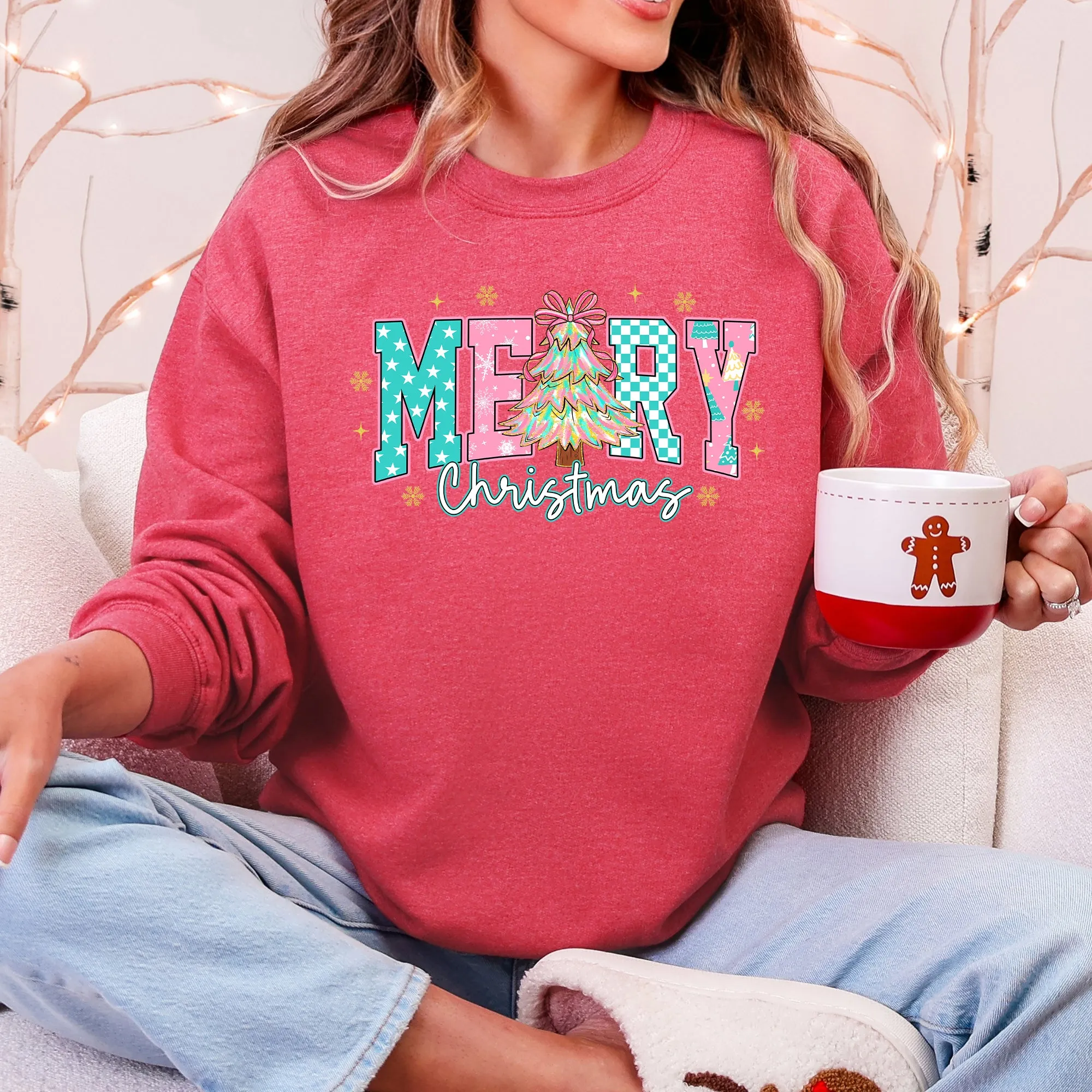Merry Christmas, Varsity, Christmas Tree, Pink Pattern, Santa Sweatshirt sold by Refinery Number One product image thumbnail 5
