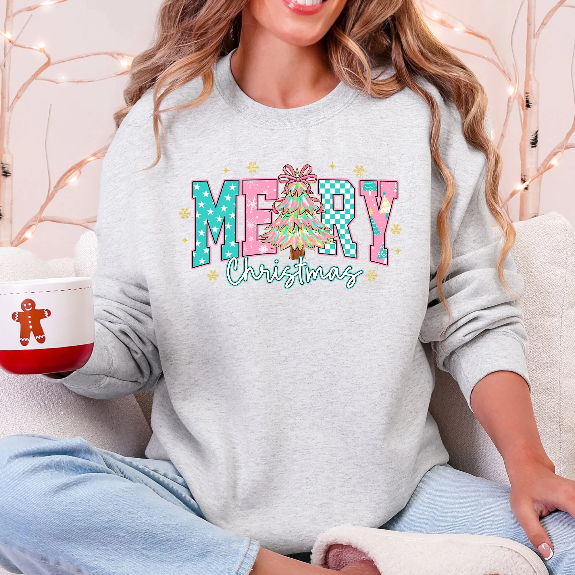 Merry Christmas, Varsity, Christmas Tree, Pink Pattern, Santa Sweatshirt sold by Refinery Number One product image thumbnail 3