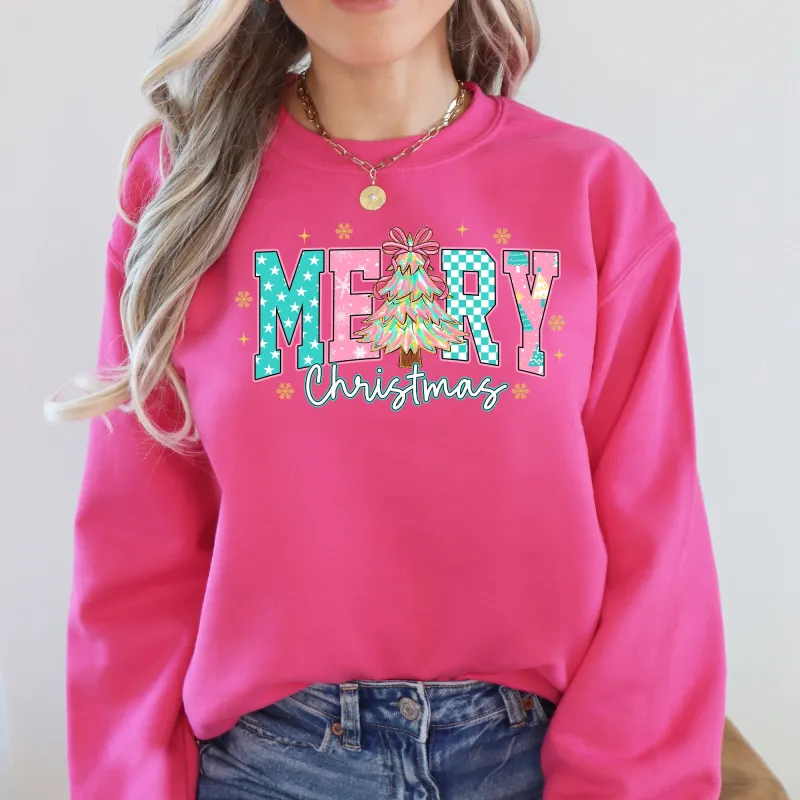 Merry Christmas, Varsity, Christmas Tree, Pink Pattern, Santa Sweatshirt sold by Refinery Number One