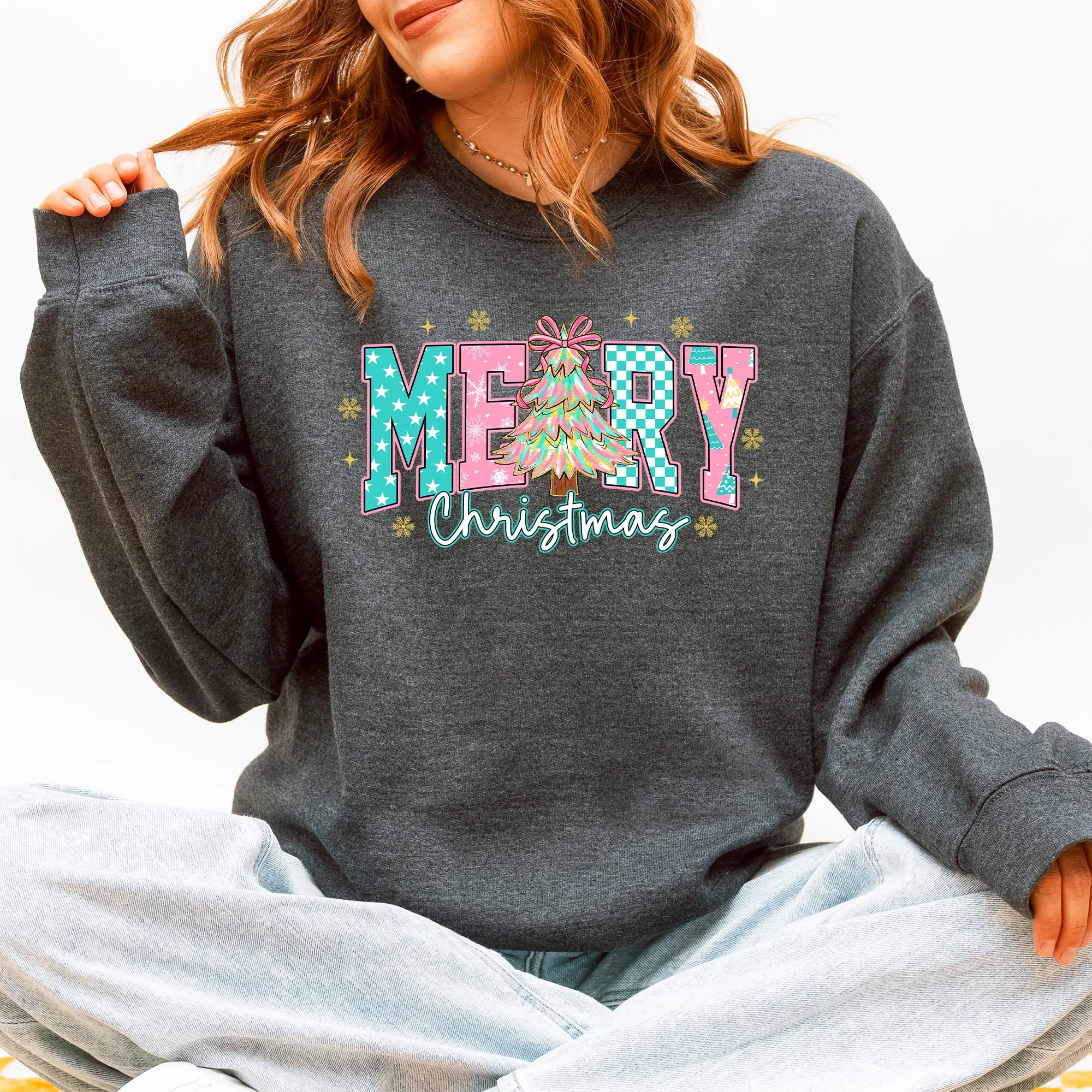 Merry Christmas, Varsity, Christmas Tree, Pink Pattern, Santa Sweatshirt sold by Refinery Number One product image thumbnail 2