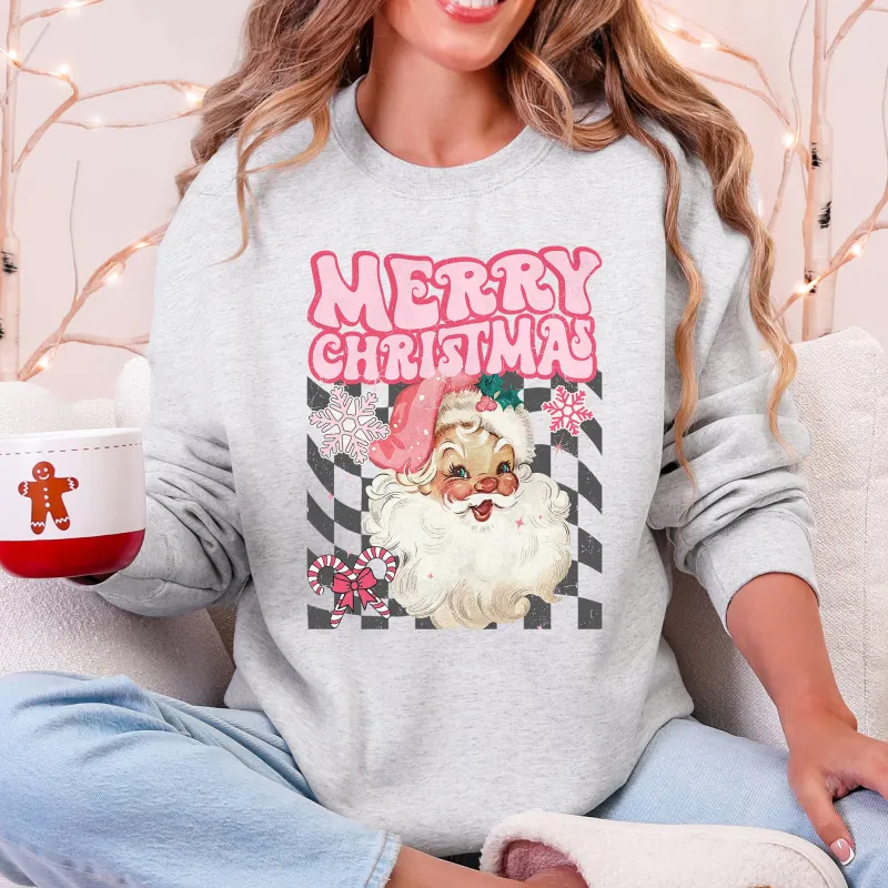 Merry Christmas, Retro Santa, Checkered, Vintage Sweatshirt sold by Refinery Number One