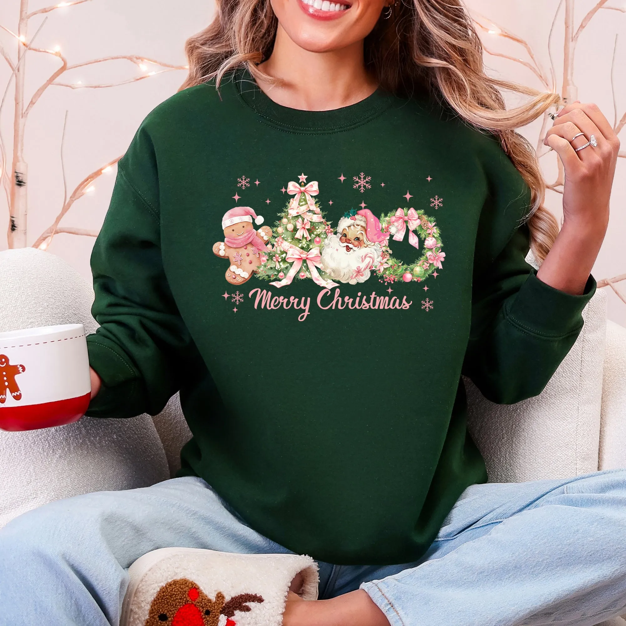 Merry Christmas, Pink Santa, Gingerbread Man, Snowflakes Sweatshirt sold by Refinery Number One product image thumbnail 5