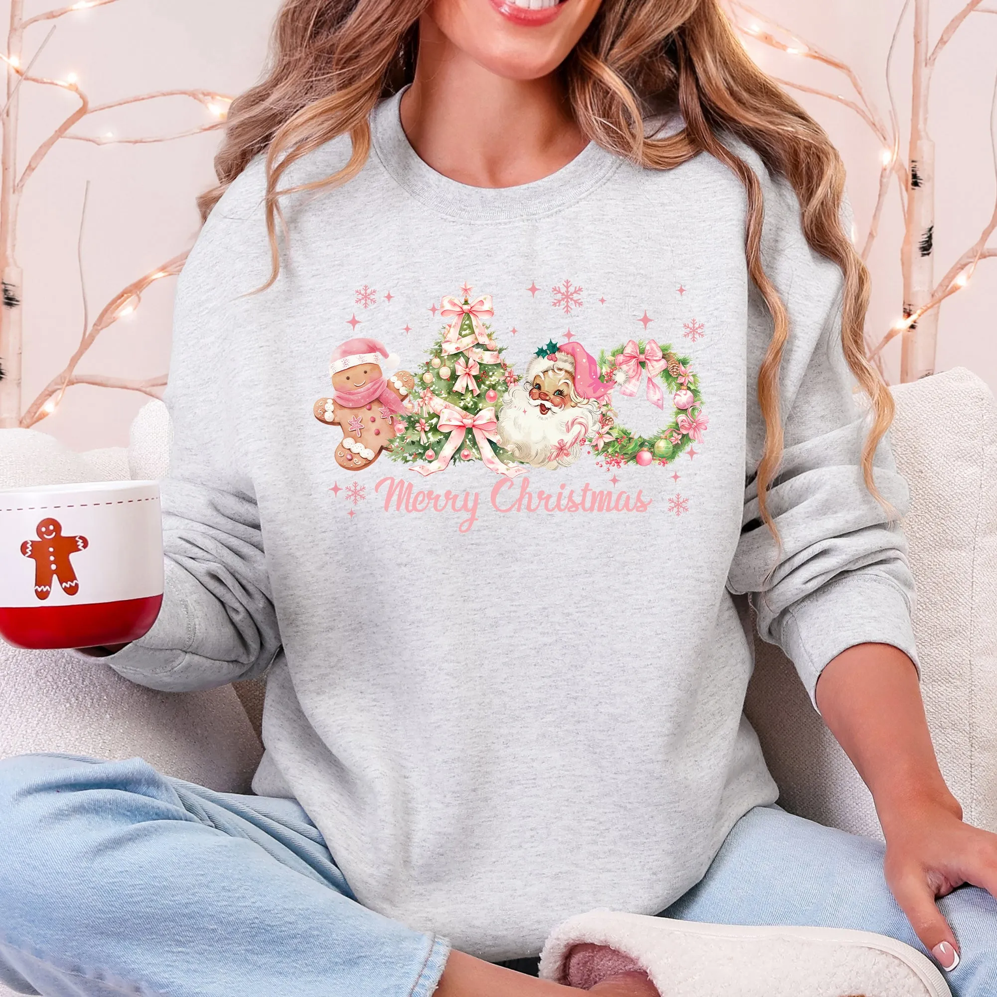 Merry Christmas, Pink Santa, Gingerbread Man, Snowflakes Sweatshirt sold by Refinery Number One product image thumbnail 2