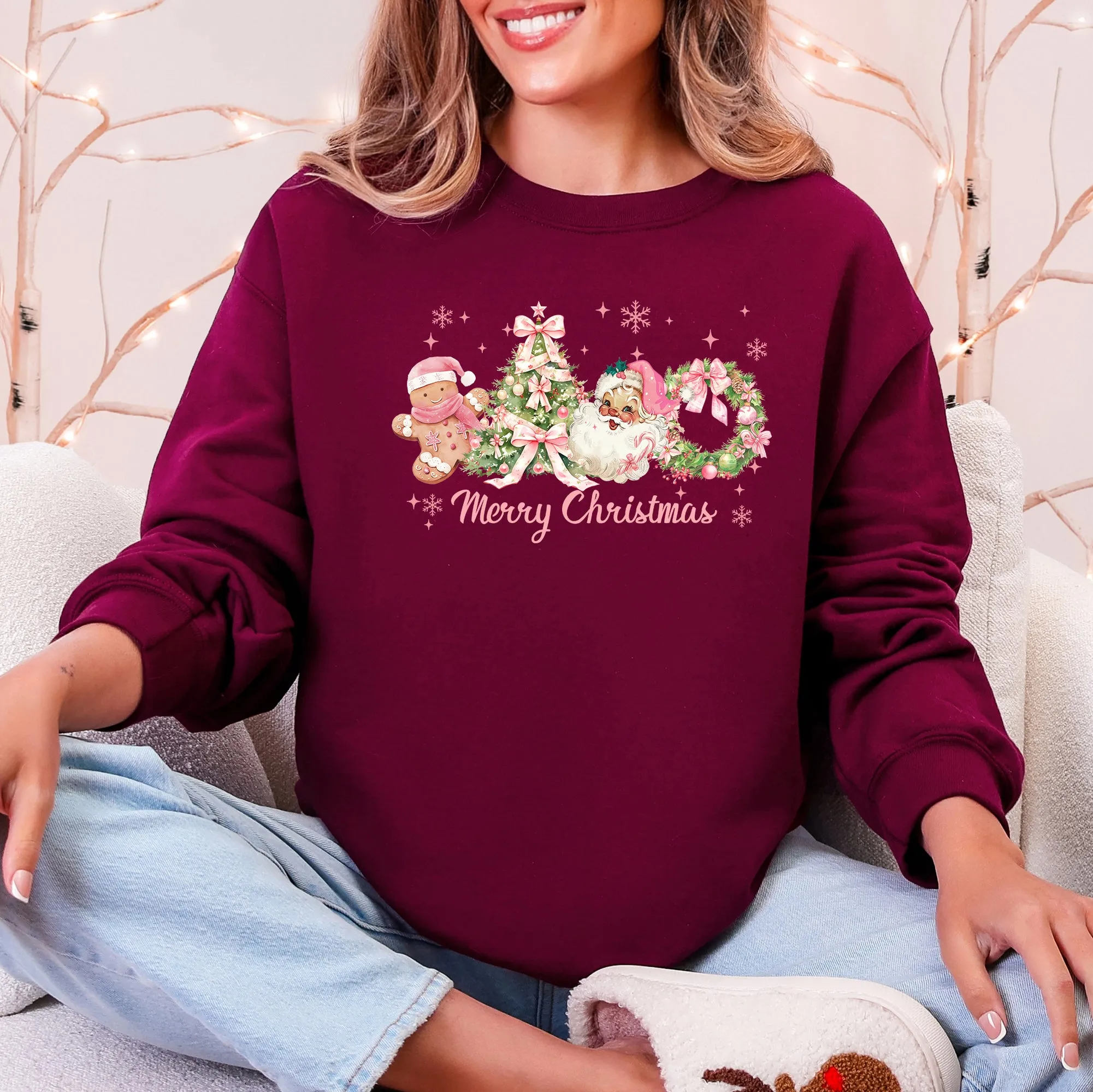 Merry Christmas, Pink Santa, Gingerbread Man, Snowflakes Sweatshirt sold by Refinery Number One product image thumbnail 3