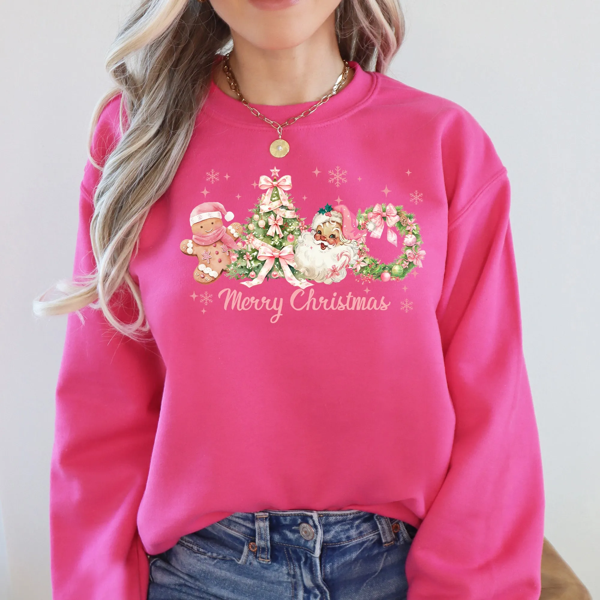 Merry Christmas, Pink Santa, Gingerbread Man, Snowflakes Sweatshirt sold by Refinery Number One