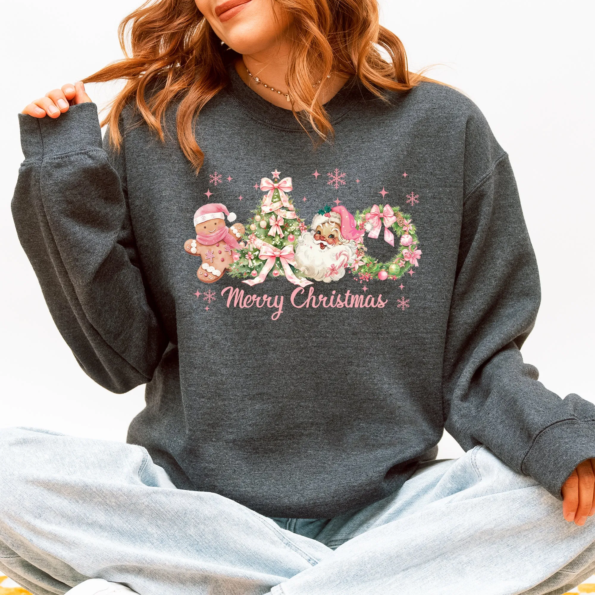 Merry Christmas, Pink Santa, Gingerbread Man, Snowflakes Sweatshirt sold by Refinery Number One product image thumbnail 4