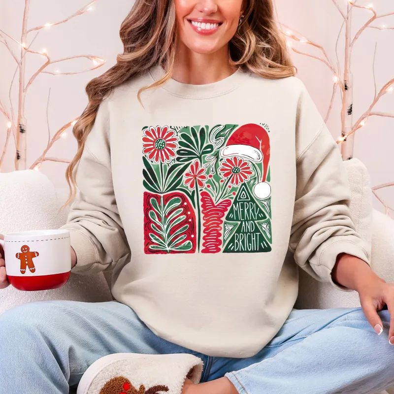 Merry and Bright, Retro Pattern, Christmas, Santa Hat, Christmas Tree Sweatshirt sold by Refinery Number One