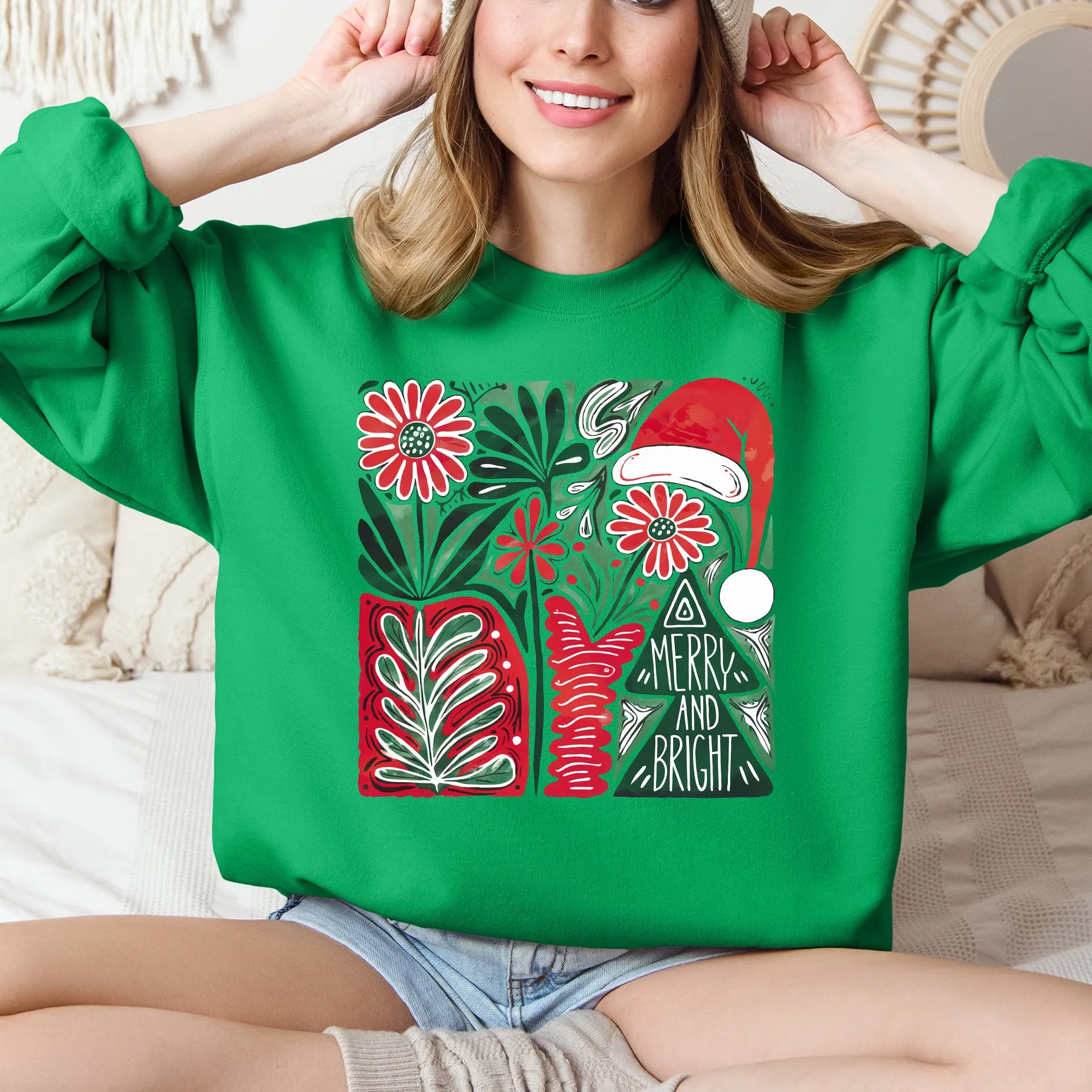 Merry and Bright, Retro Pattern, Christmas, Santa Hat, Christmas Tree Sweatshirt sold by Refinery Number One product image thumbnail 2