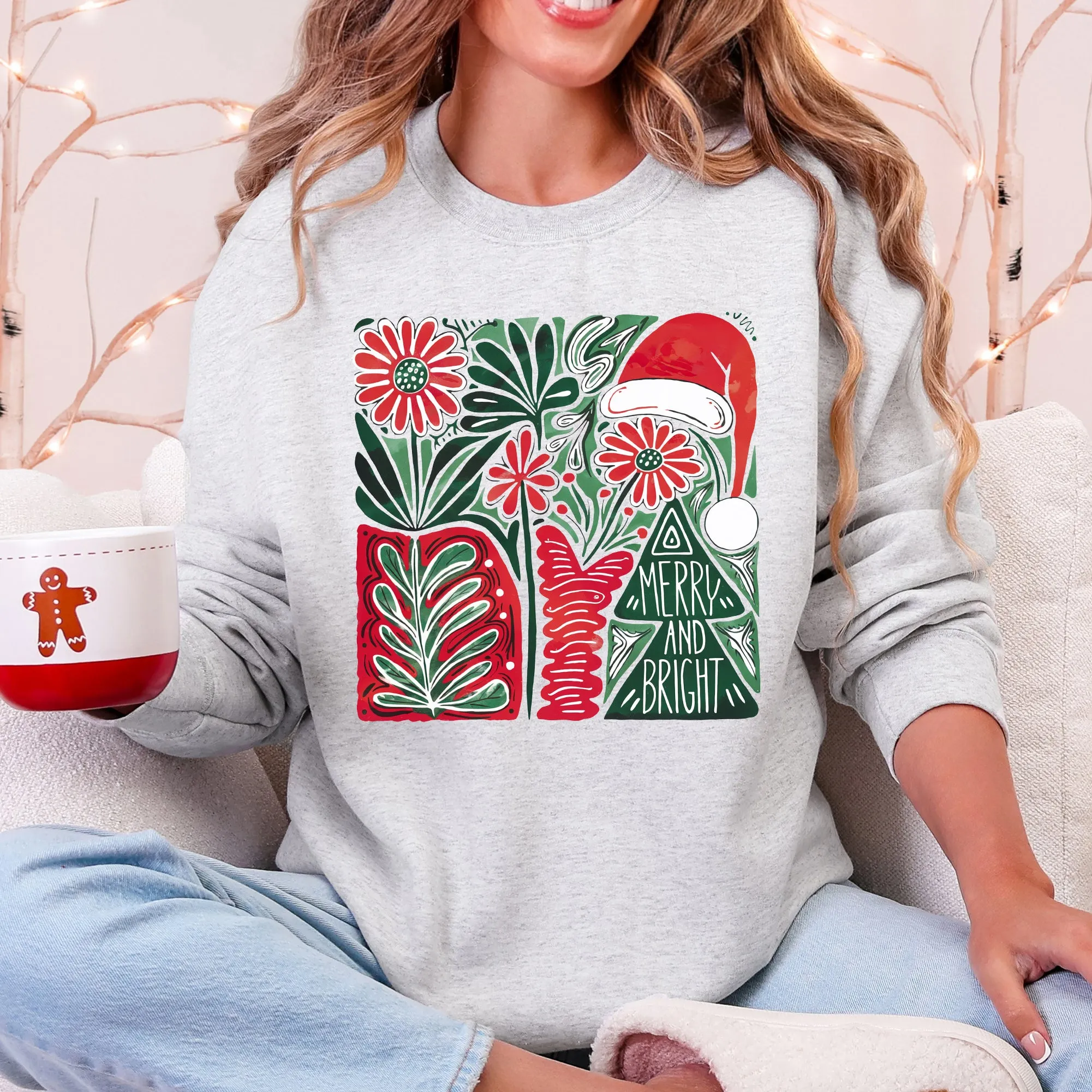 Merry and Bright, Retro Pattern, Christmas, Santa Hat, Christmas Tree Sweatshirt sold by Refinery Number One product image thumbnail 3