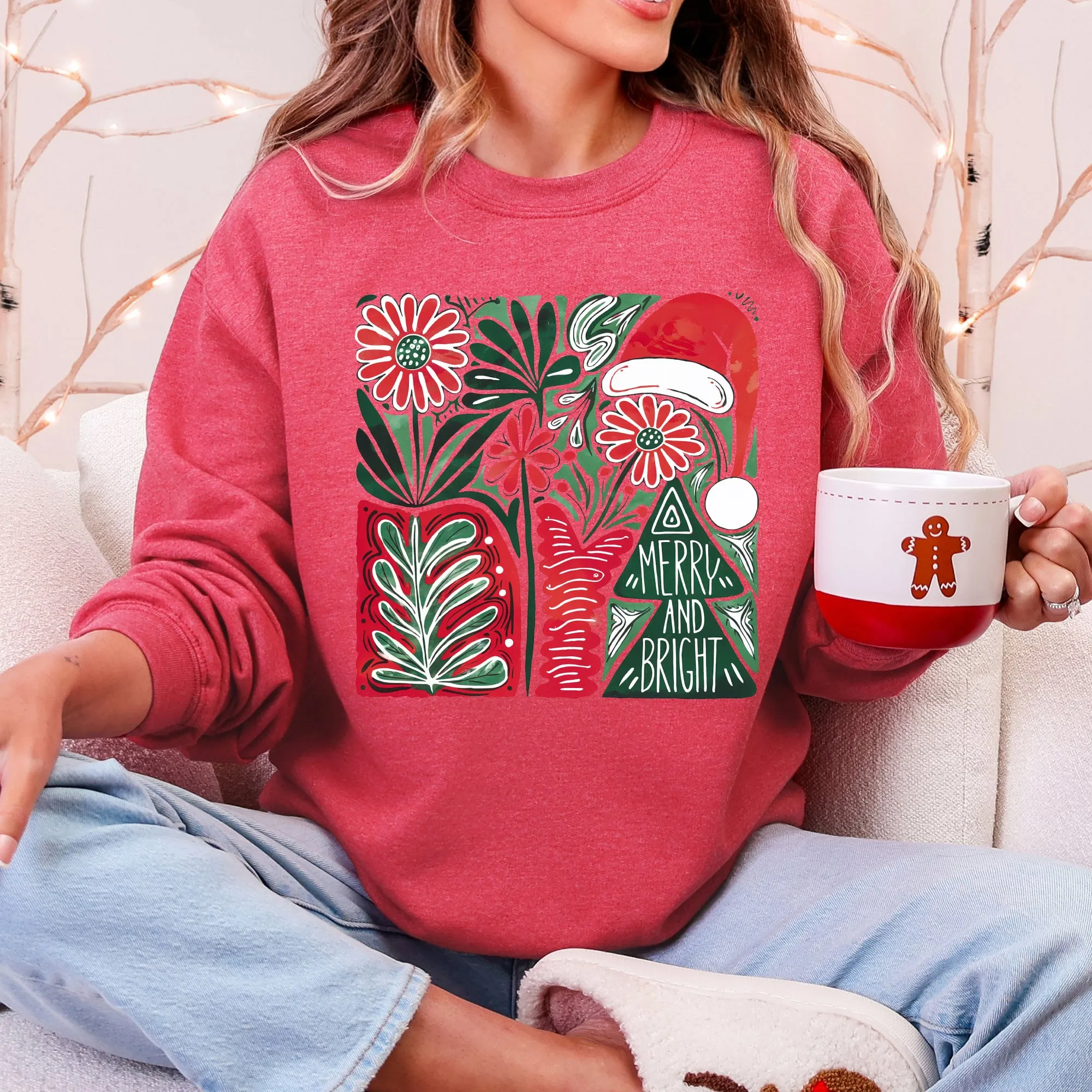 Merry and Bright, Retro Pattern, Christmas, Santa Hat, Christmas Tree Sweatshirt sold by Refinery Number One product image thumbnail 4