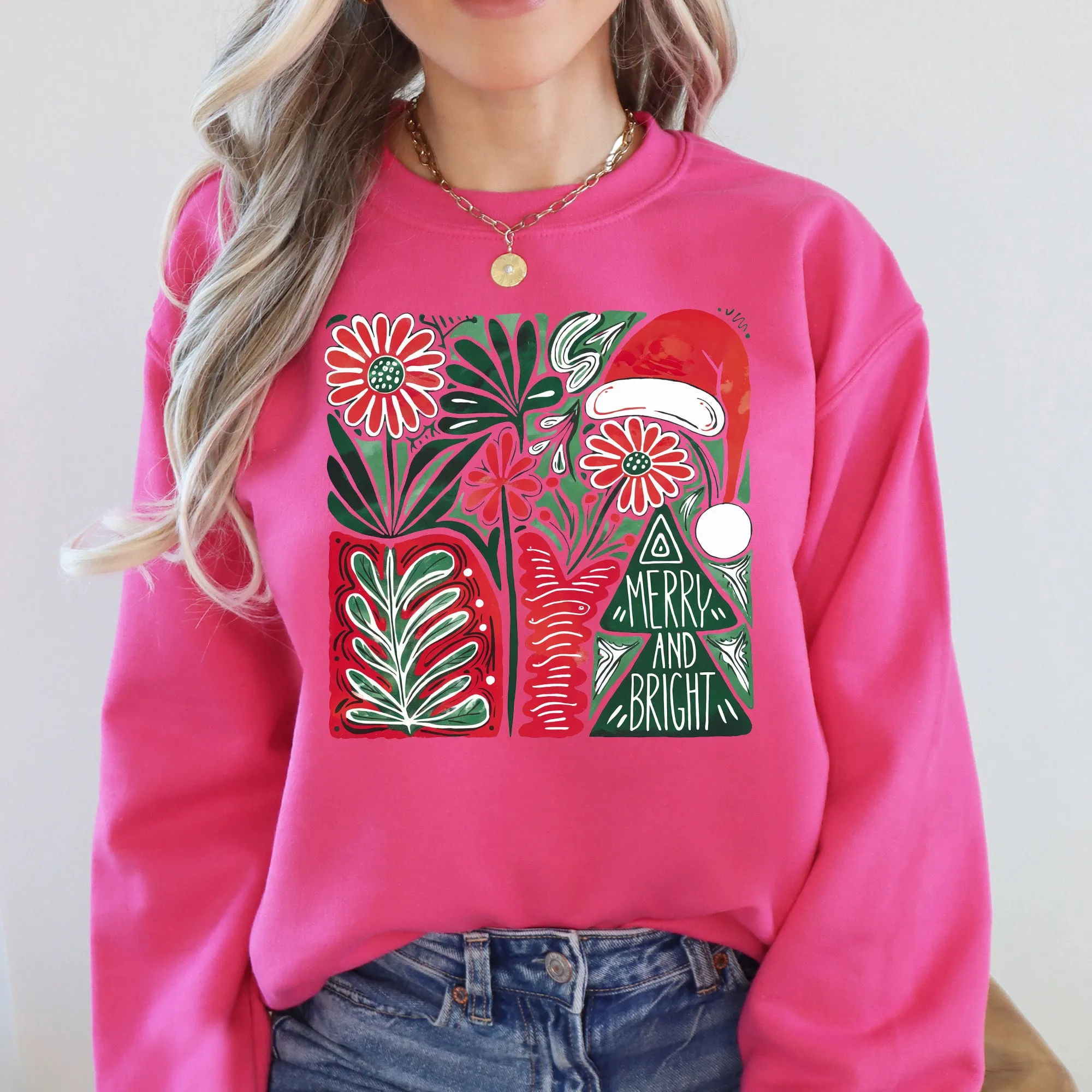 Merry and Bright, Retro Pattern, Christmas, Santa Hat, Christmas Tree Sweatshirt sold by Refinery Number One product image thumbnail 5