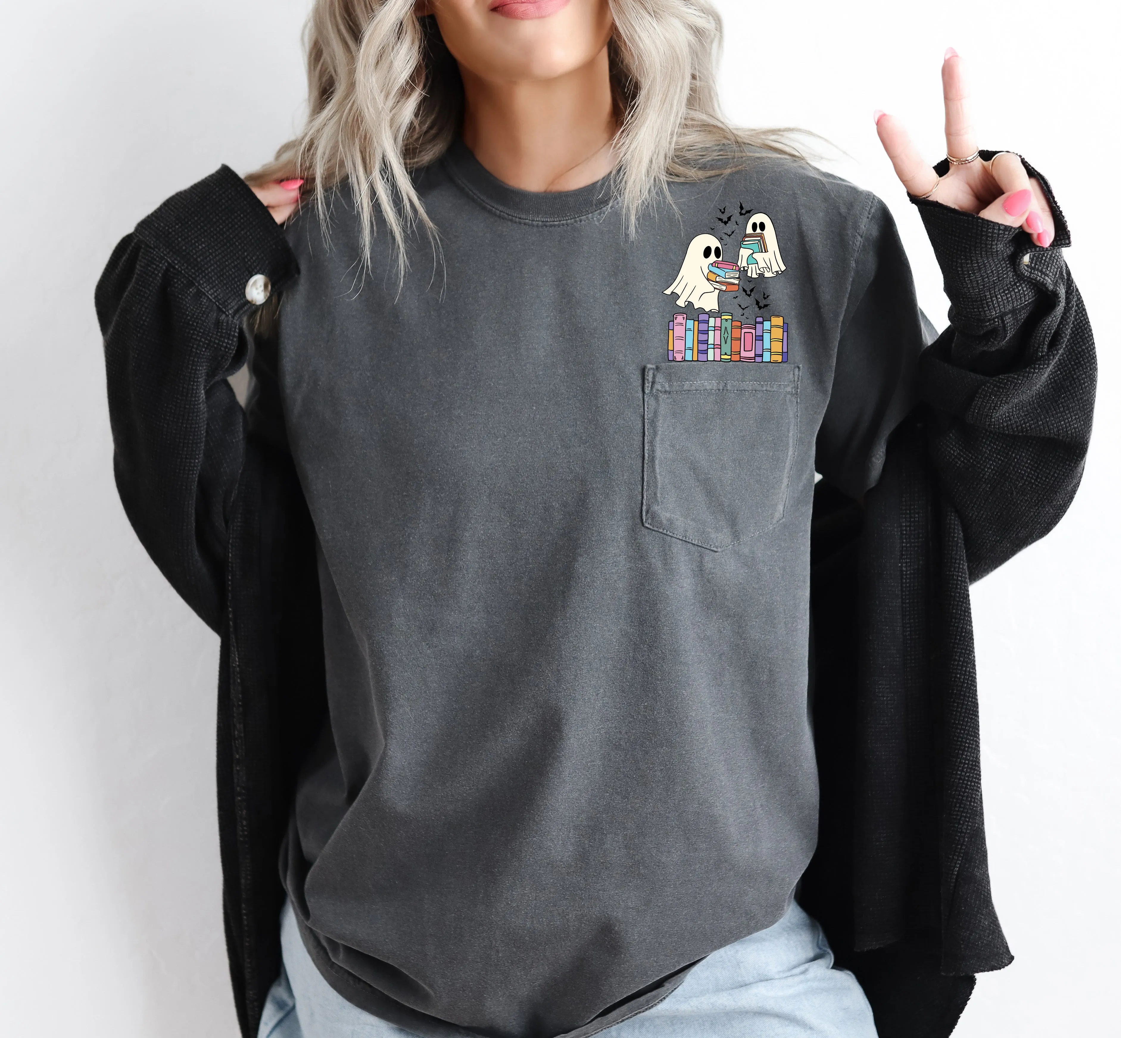 Cute Book Lover Ghosts, Reading, Library, Teacher, Halloween, Pocket, Comfort Colors Pocket T-Shirt sold by Refinery Number One product image thumbnail 2