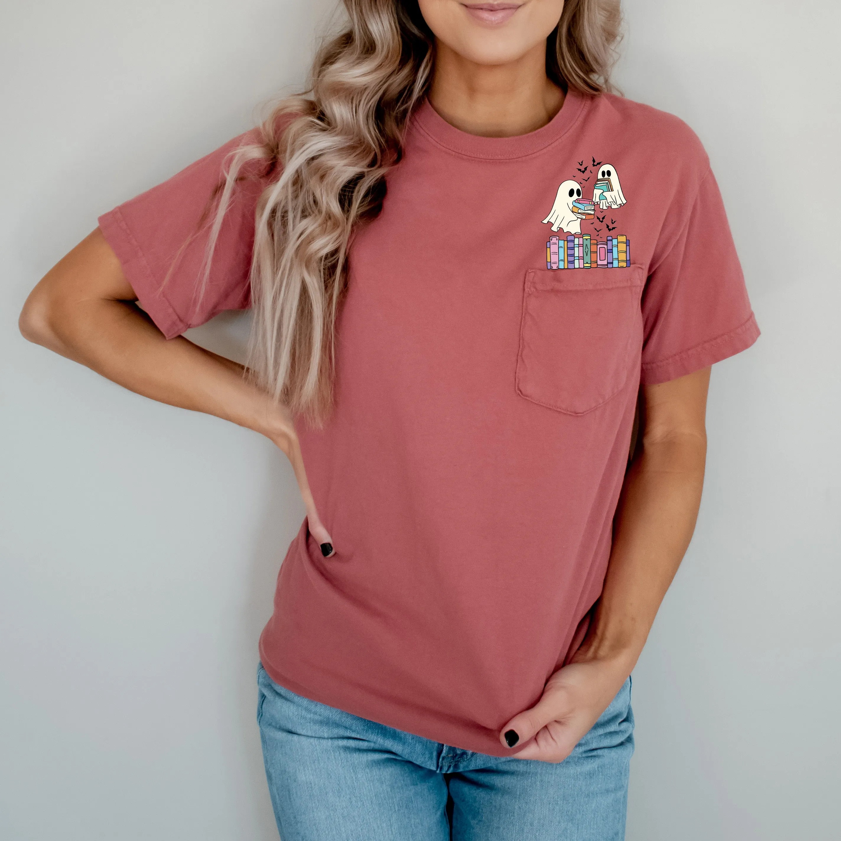 Cute Book Lover Ghosts, Reading, Library, Teacher, Halloween, Pocket, Comfort Colors Pocket T-Shirt sold by Refinery Number One product image thumbnail 3