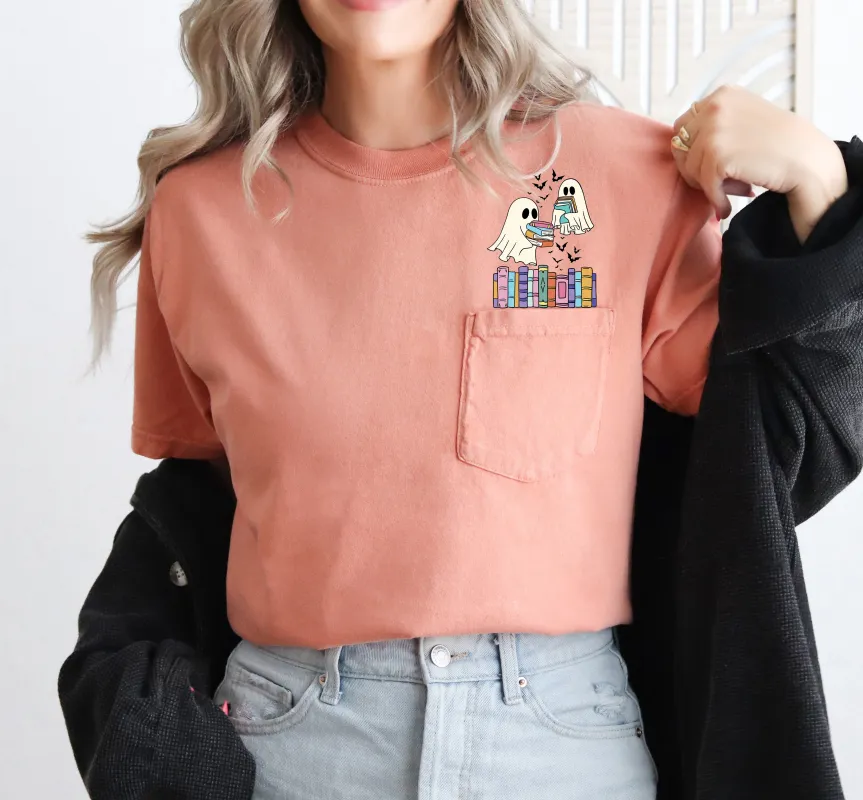 Cute Book Lover Ghosts, Reading, Library, Teacher, Halloween, Pocket, Comfort Colors Pocket T-Shirt sold by Refinery Number One