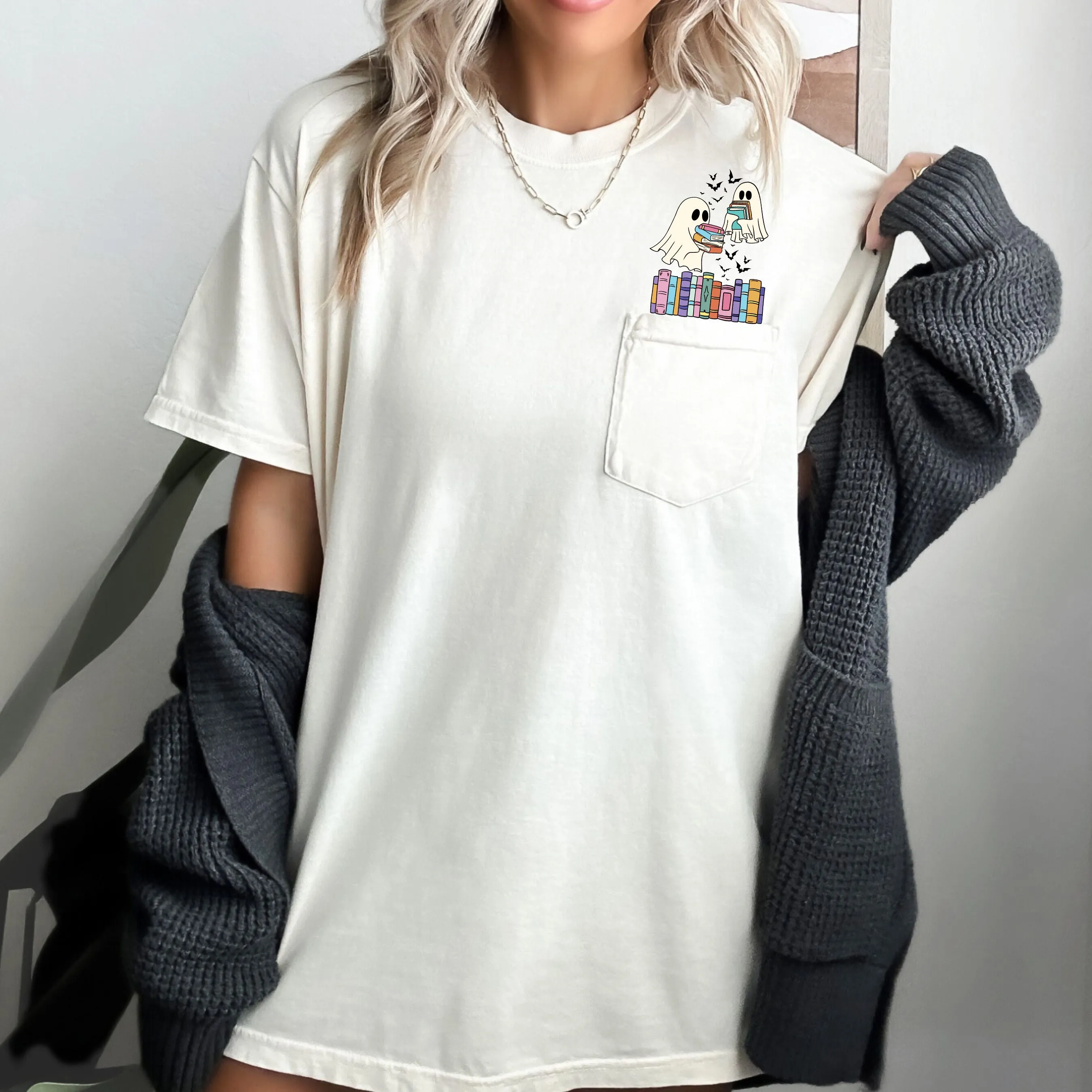 Cute Book Lover Ghosts, Reading, Library, Teacher, Halloween, Pocket, Comfort Colors Pocket T-Shirt sold by Refinery Number One product image thumbnail 5