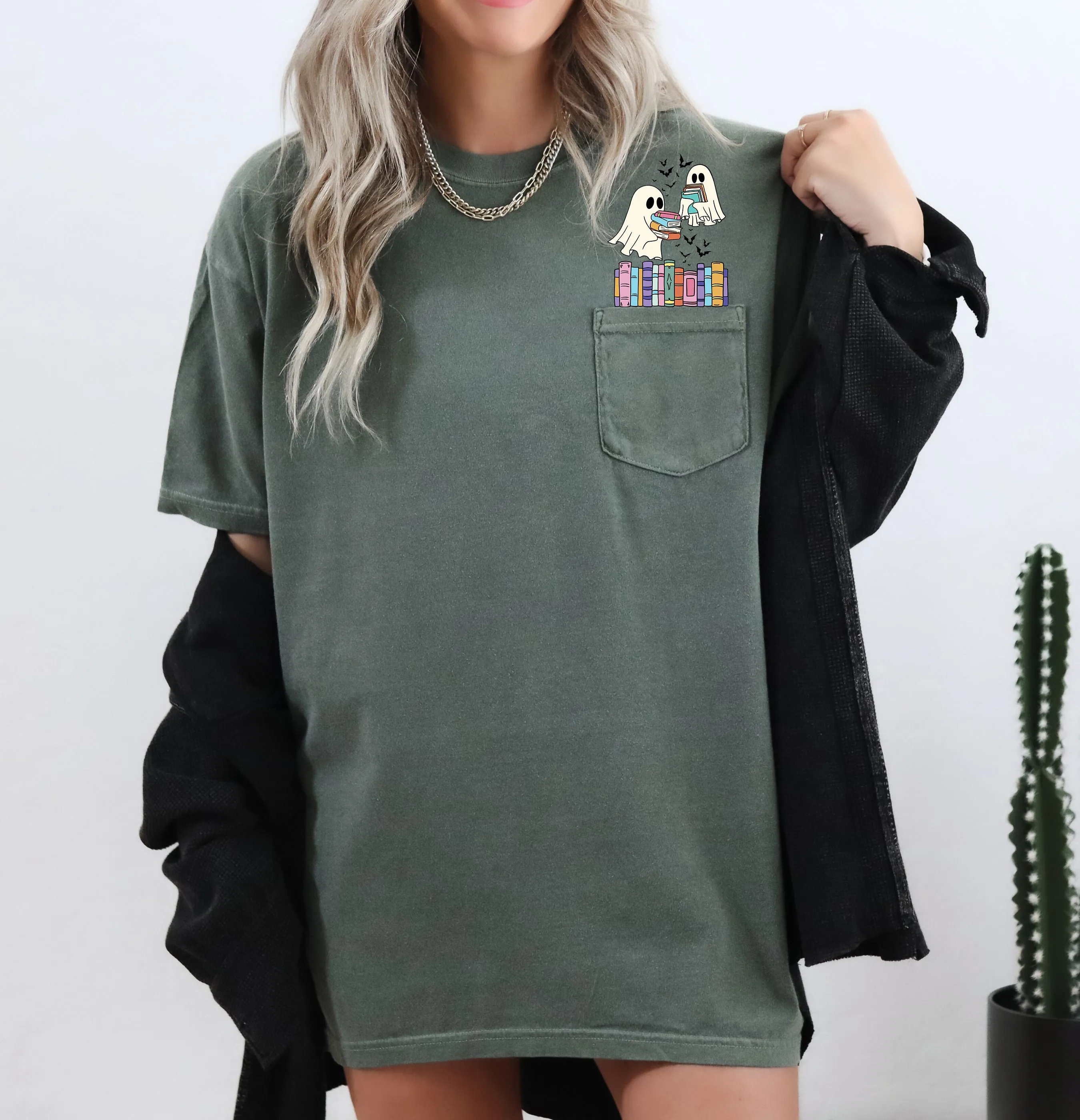 Cute Book Lover Ghosts, Reading, Library, Teacher, Halloween, Pocket, Comfort Colors Pocket T-Shirt sold by Refinery Number One product image thumbnail 4